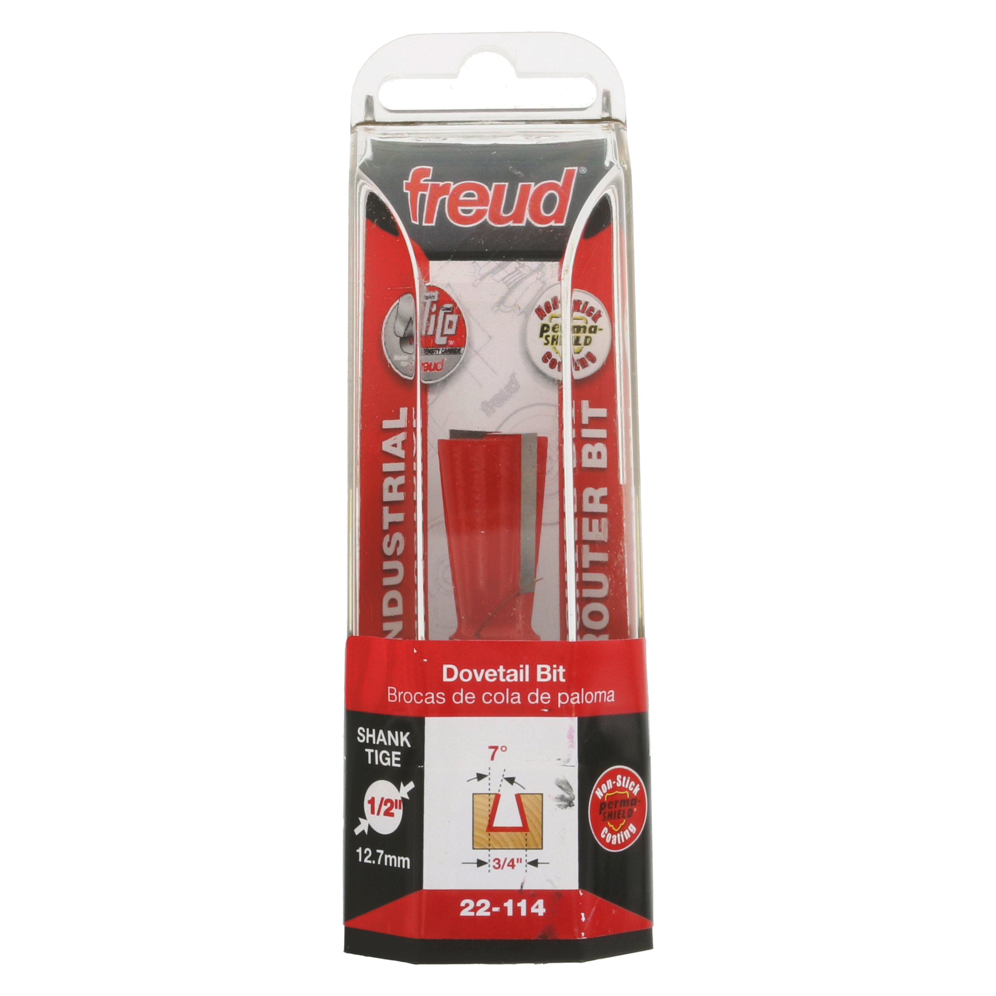Freud 22-114 dovetail router bit with 1/2" shank in clear plastic clamshell packaging.