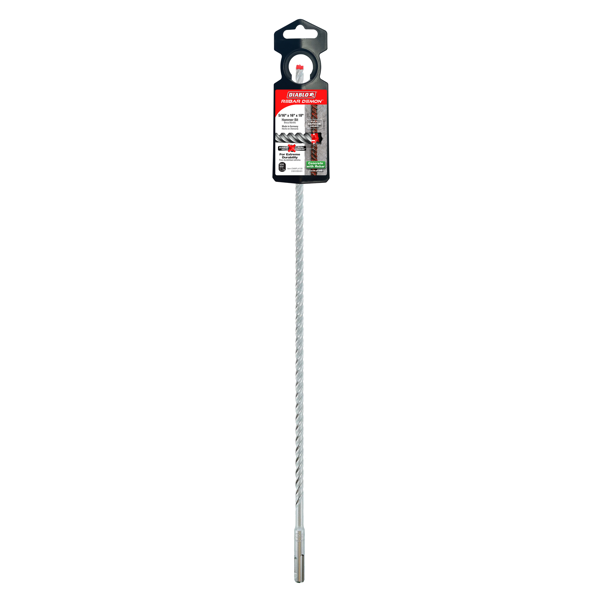 Diablo SDS-Plus hammer drill bit with spiral flutes and carbide head, packaged with header card.