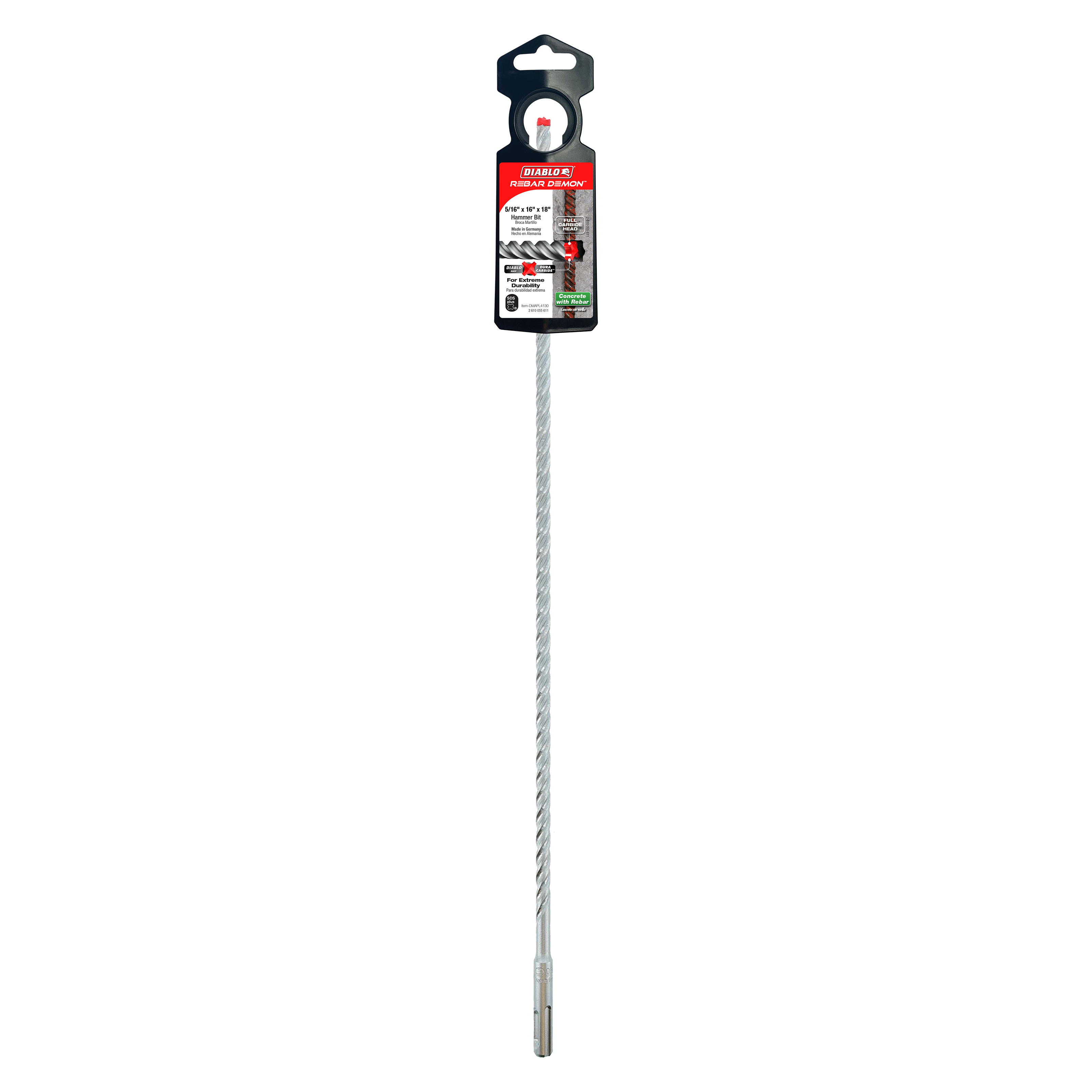 Diablo SDS-Plus hammer drill bit with spiral flutes and carbide head, packaged with header card.