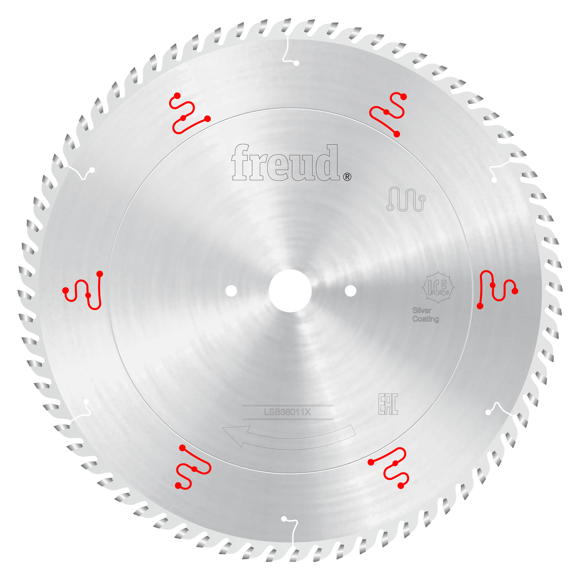 Freud 380mm circular saw blade with silver coating, white center arbor, and red section markers around the perimeter.