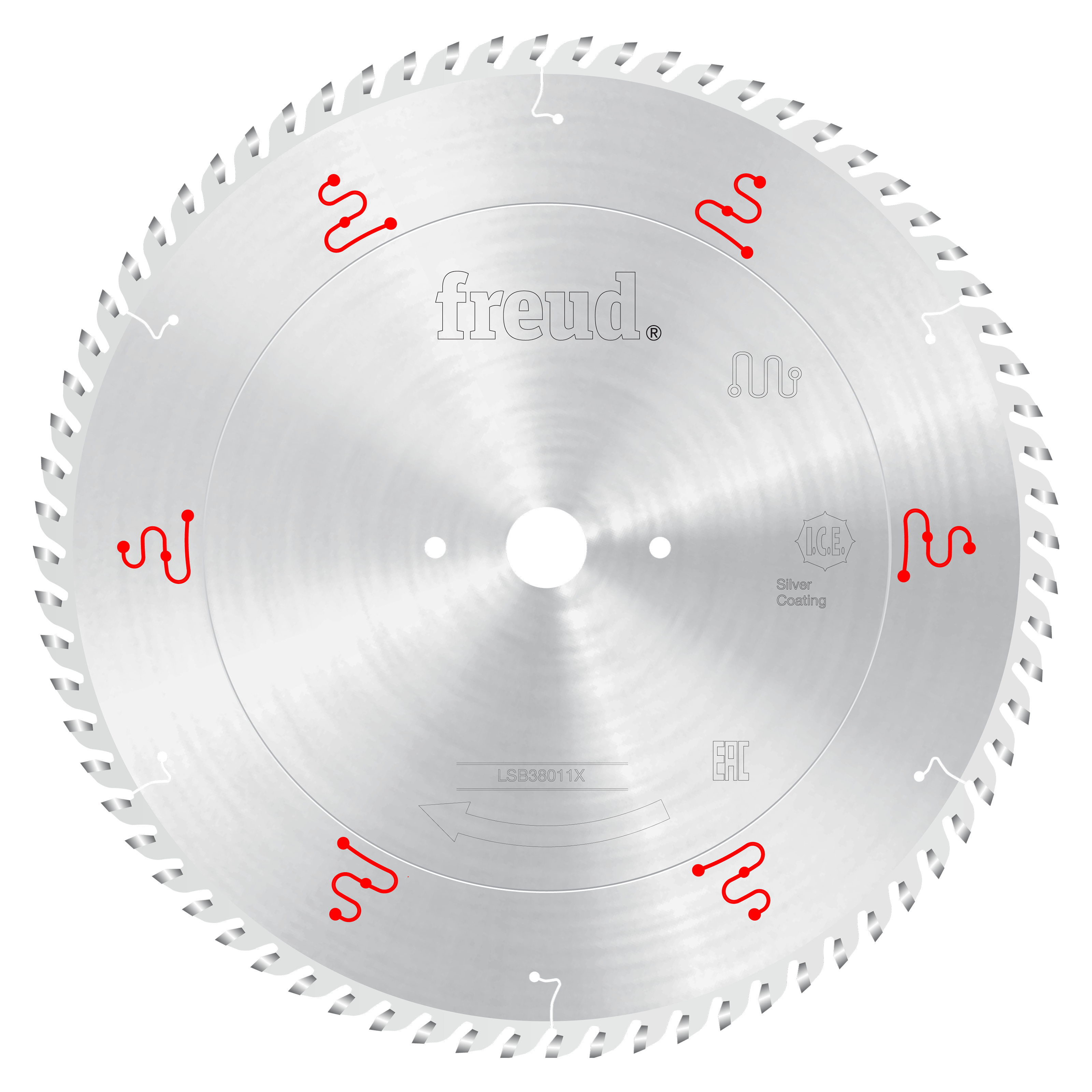 Freud 380mm circular saw blade with silver coating, white center arbor, and red section markers around the perimeter.
