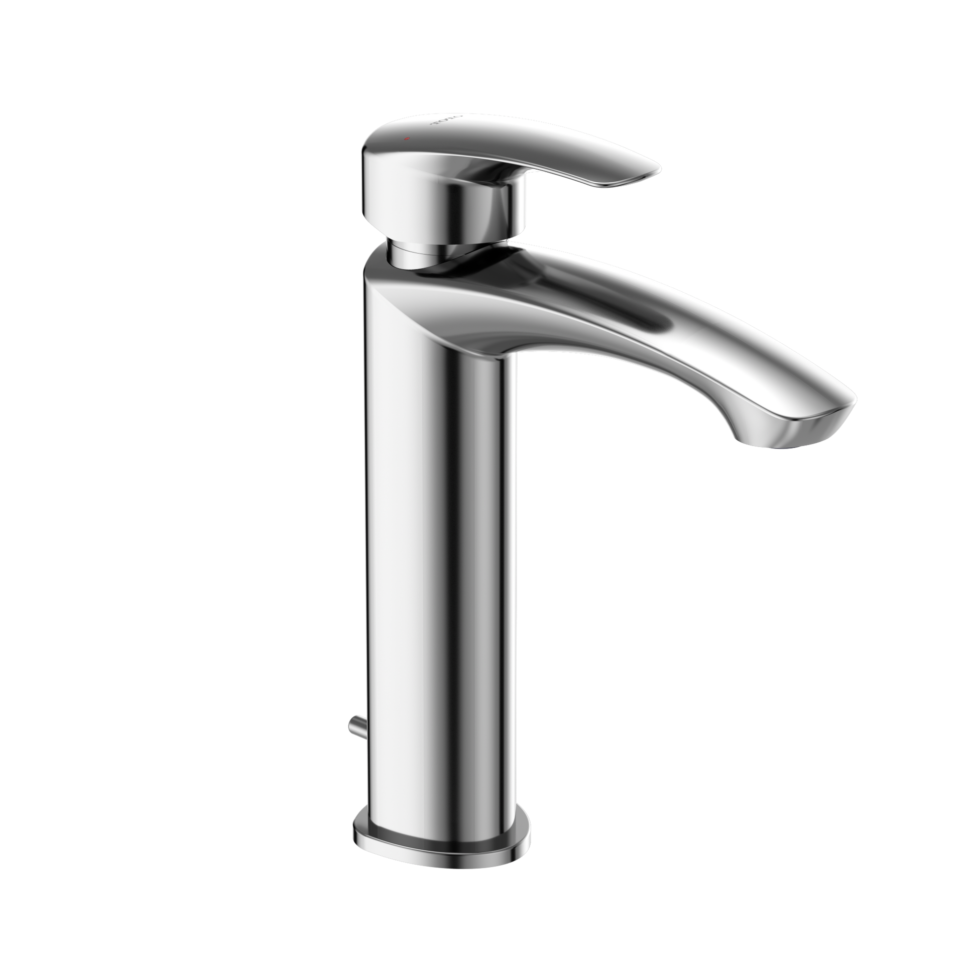 Polished chrome single handle bathroom sink faucet with curved spout and cylindrical body.