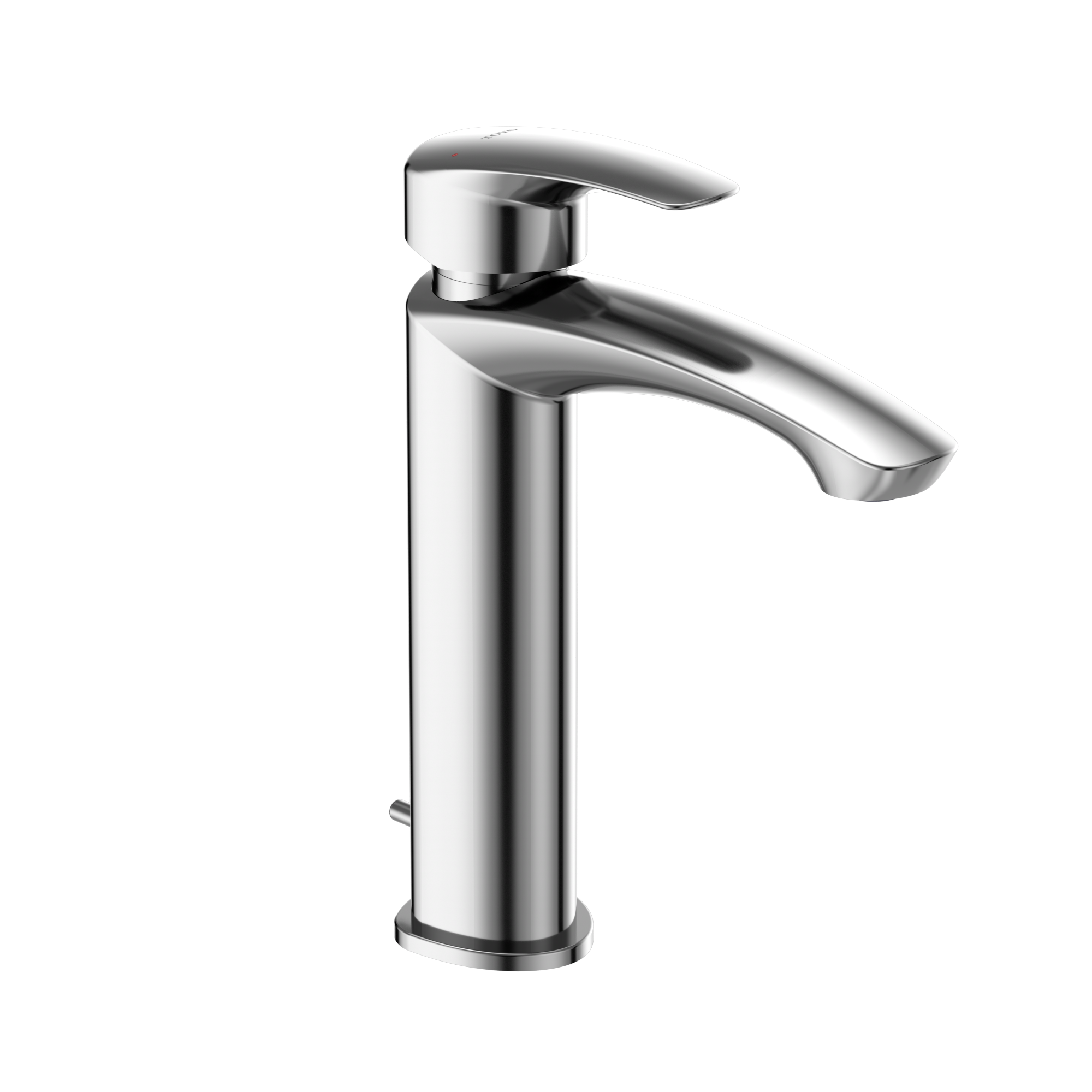 Polished chrome single handle bathroom sink faucet with curved spout and cylindrical body.