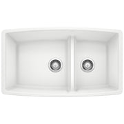 White double bowl undermount kitchen sink with low divide and chrome drain strainers.