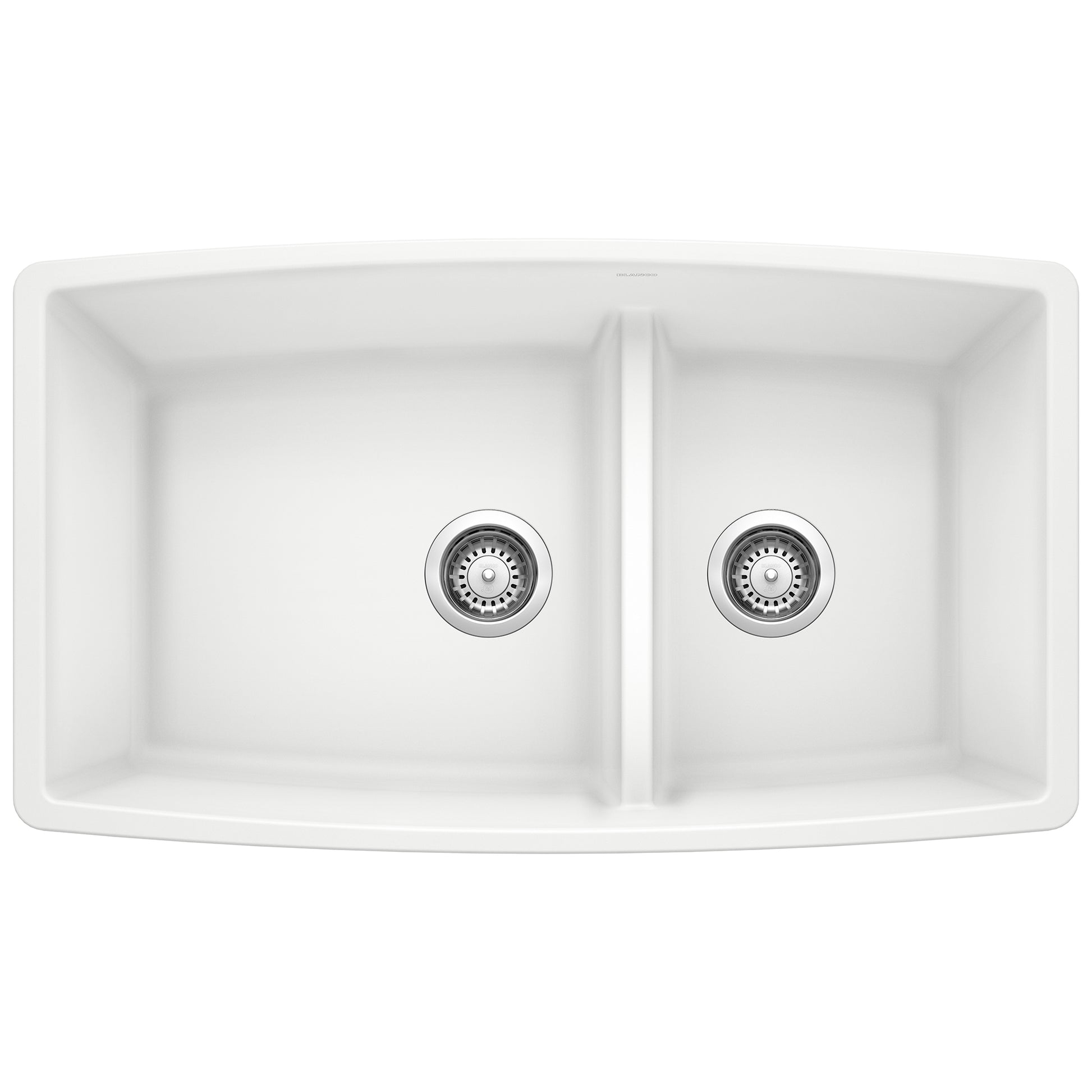 White double bowl undermount kitchen sink with low divide and chrome drain strainers.