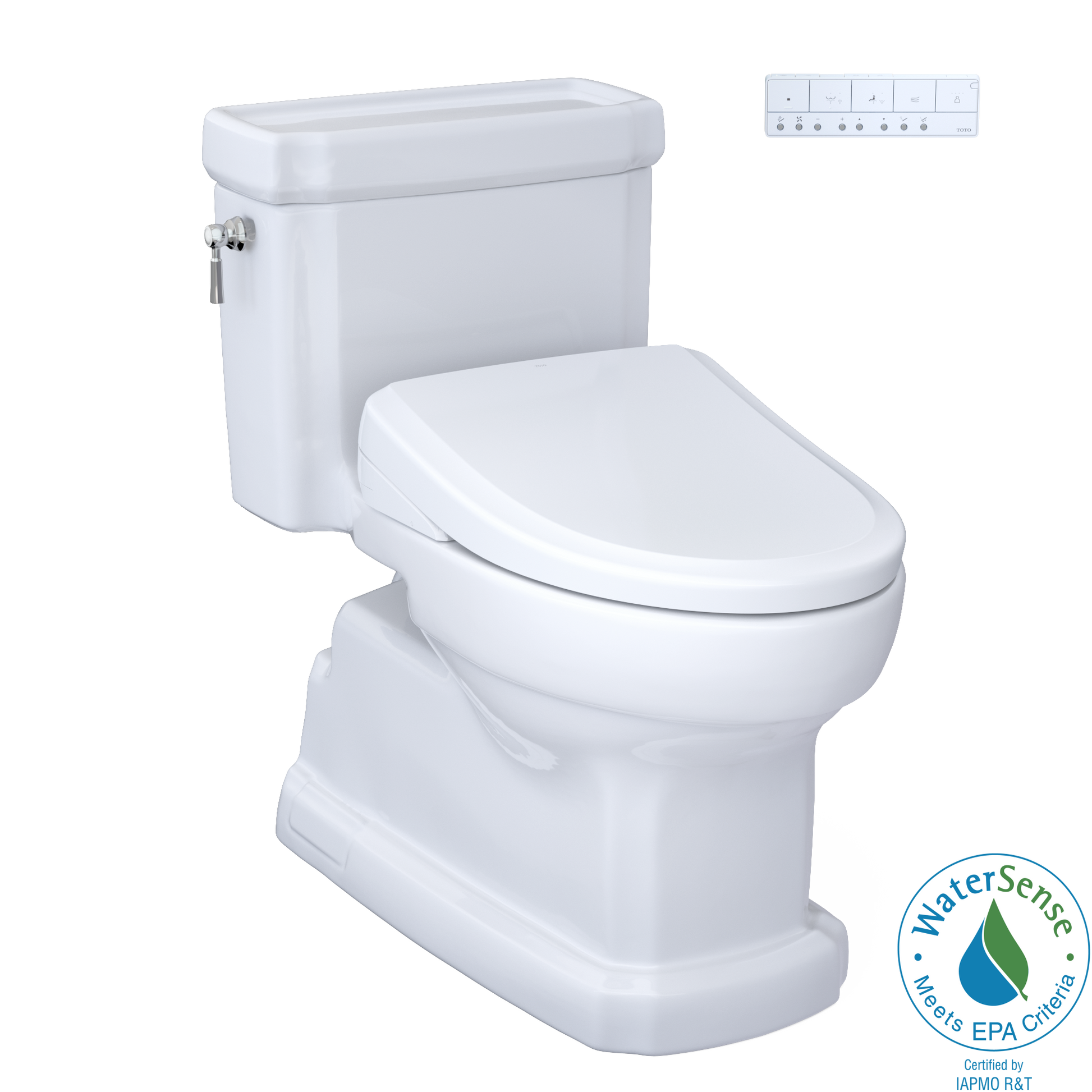 White elongated one-piece toilet with integrated bidet seat and electronic control panel mounted on wall.