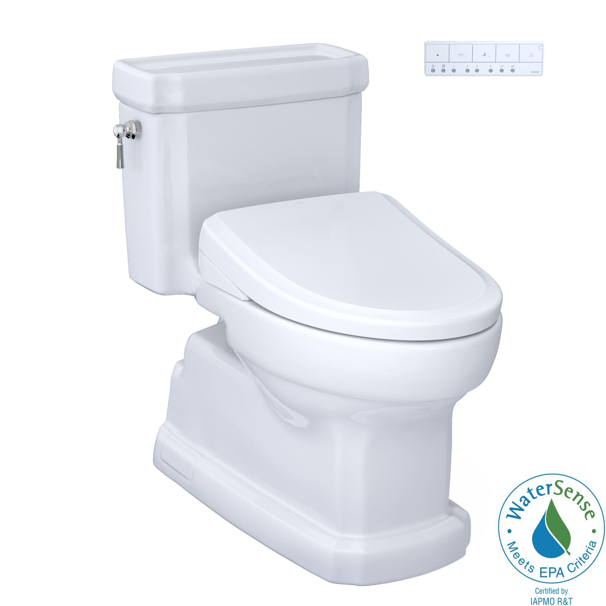 Toto Eco Guinevere One Piece Elongated Universal Height Toilet with CEFIONTECT 1.28 GPF with Contemporary Washlet+ Auto Flush S7 Bidet Seat in Cotton White