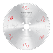 Circular saw blade with fine teeth around perimeter, central mounting hole with four bolt holes, red wavy slot designs, and "
