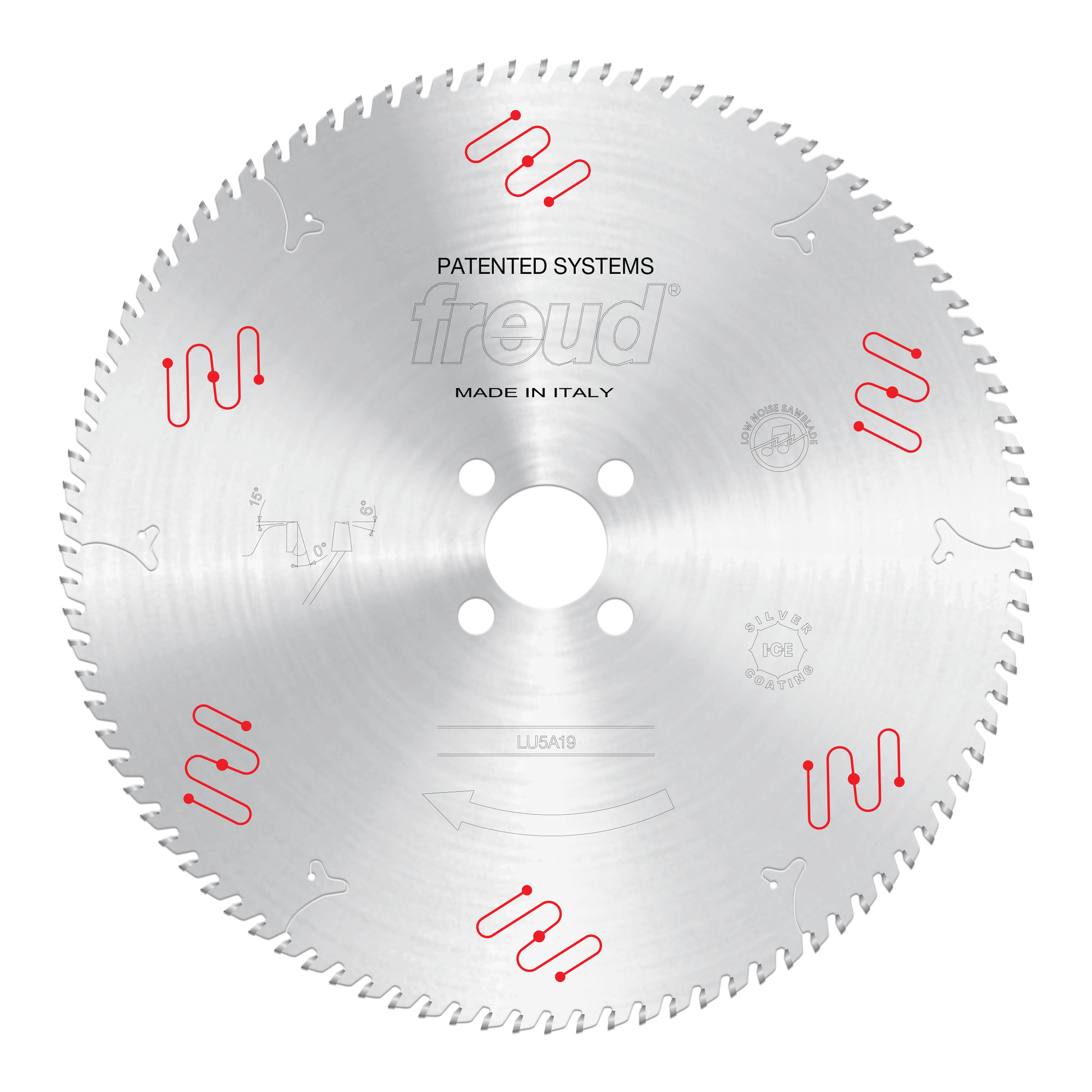 Circular saw blade with fine teeth around perimeter, central mounting hole with four bolt holes, red wavy slot designs, and "