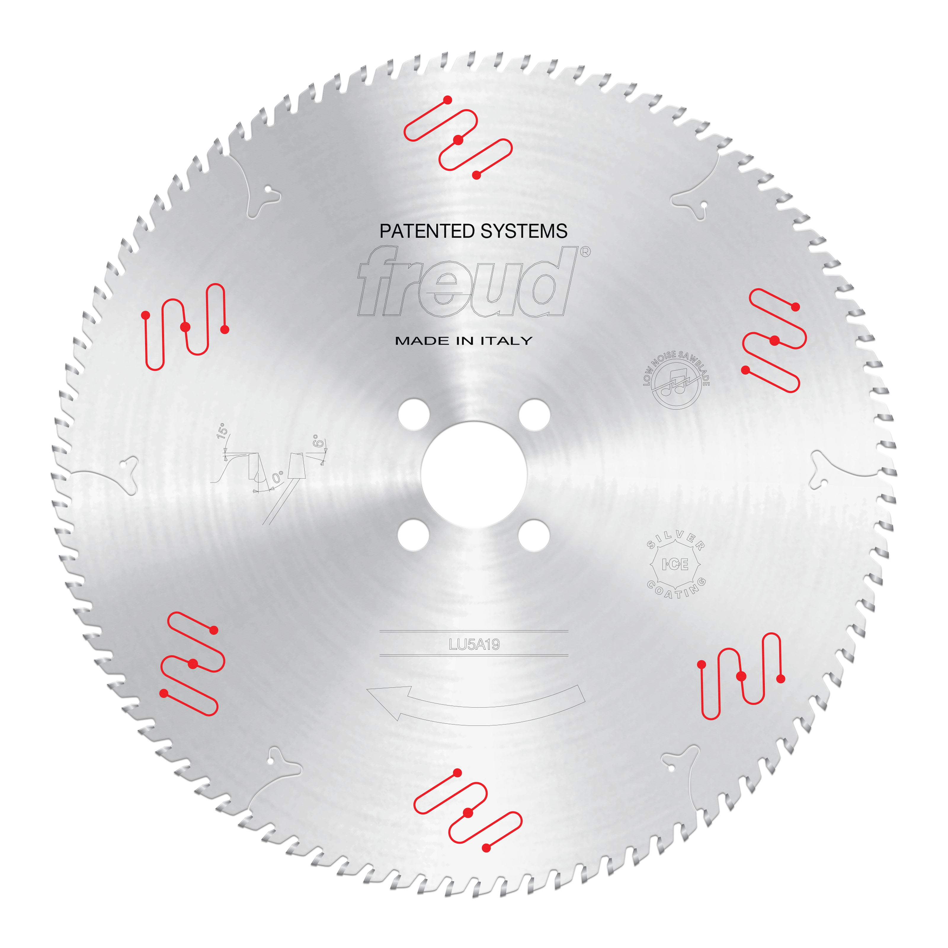 Circular saw blade with fine teeth around perimeter, central mounting hole with four bolt holes, red wavy slot designs, and "