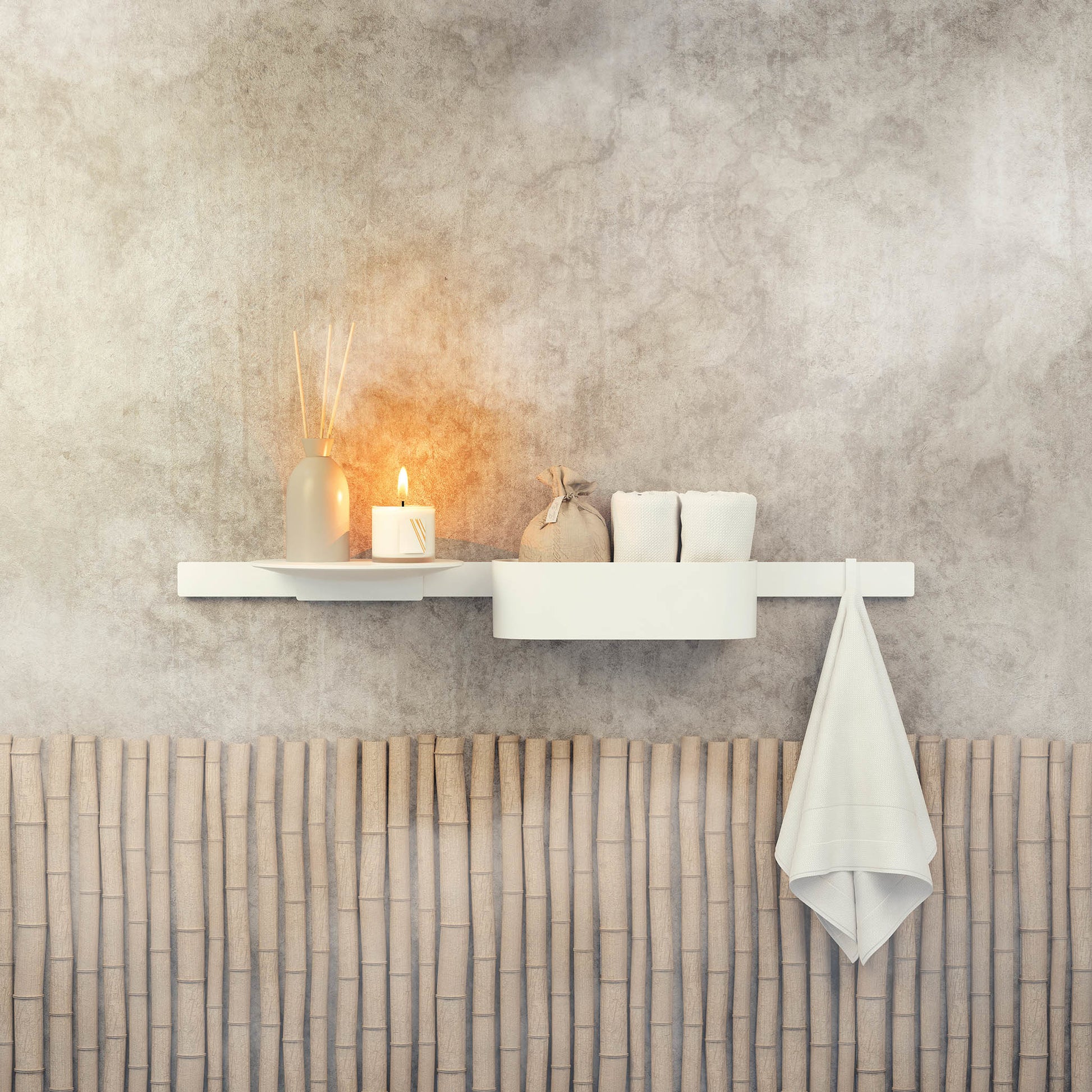 Matte white wall-mounted storage basket with deep rectangular shape holding bathroom accessories and decorative items.