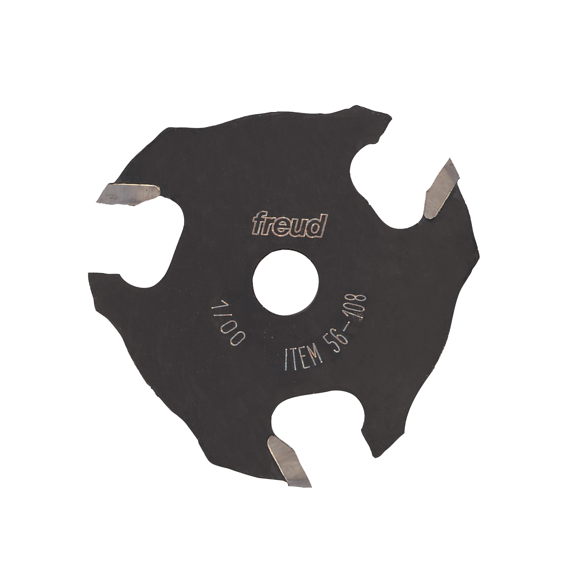 Black circular slotting cutter with three carbide cutting wings and center bore, marked "freud" and "ITEM 56-108."