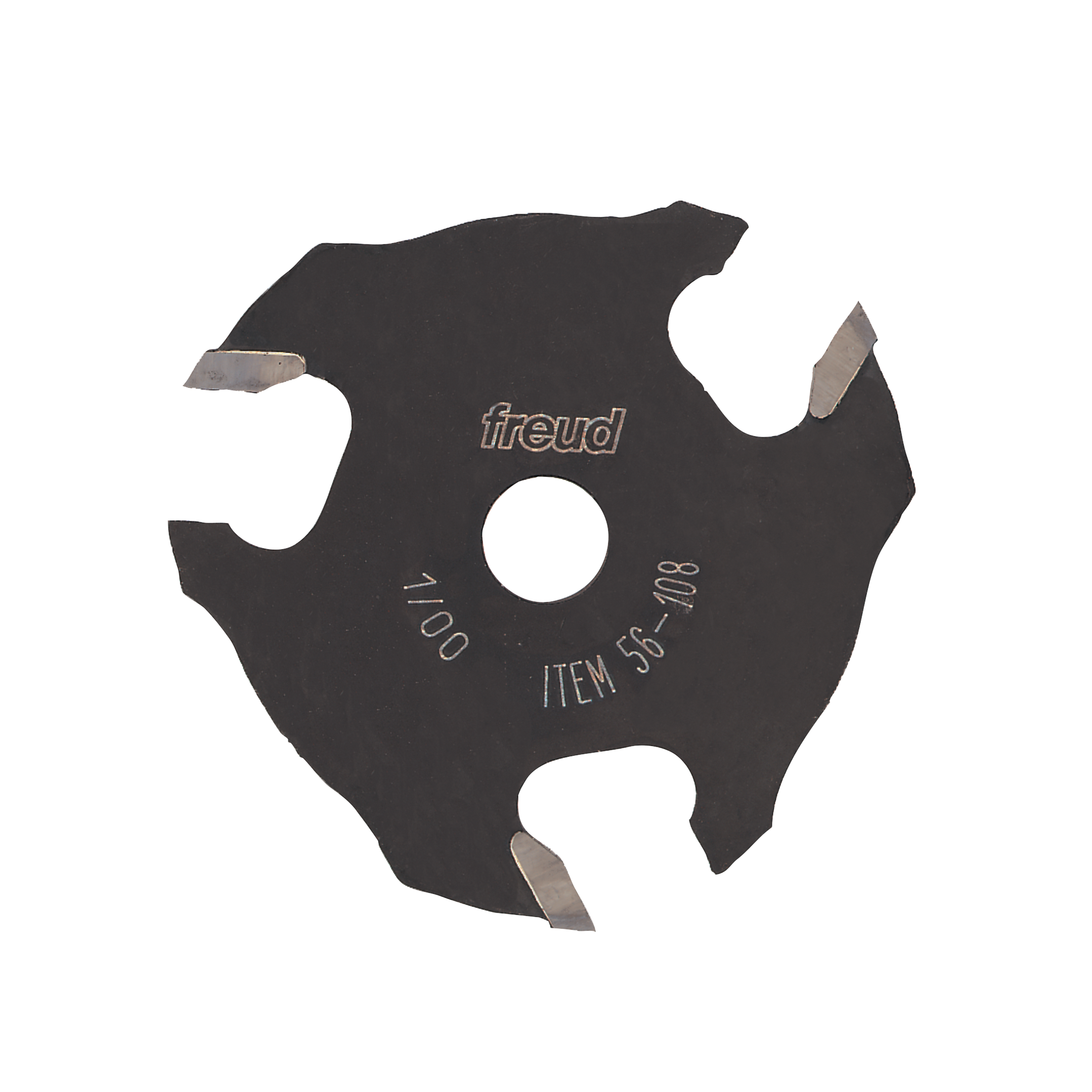 Black circular slotting cutter with three carbide cutting wings and center bore, marked "freud" and "ITEM 56-108."