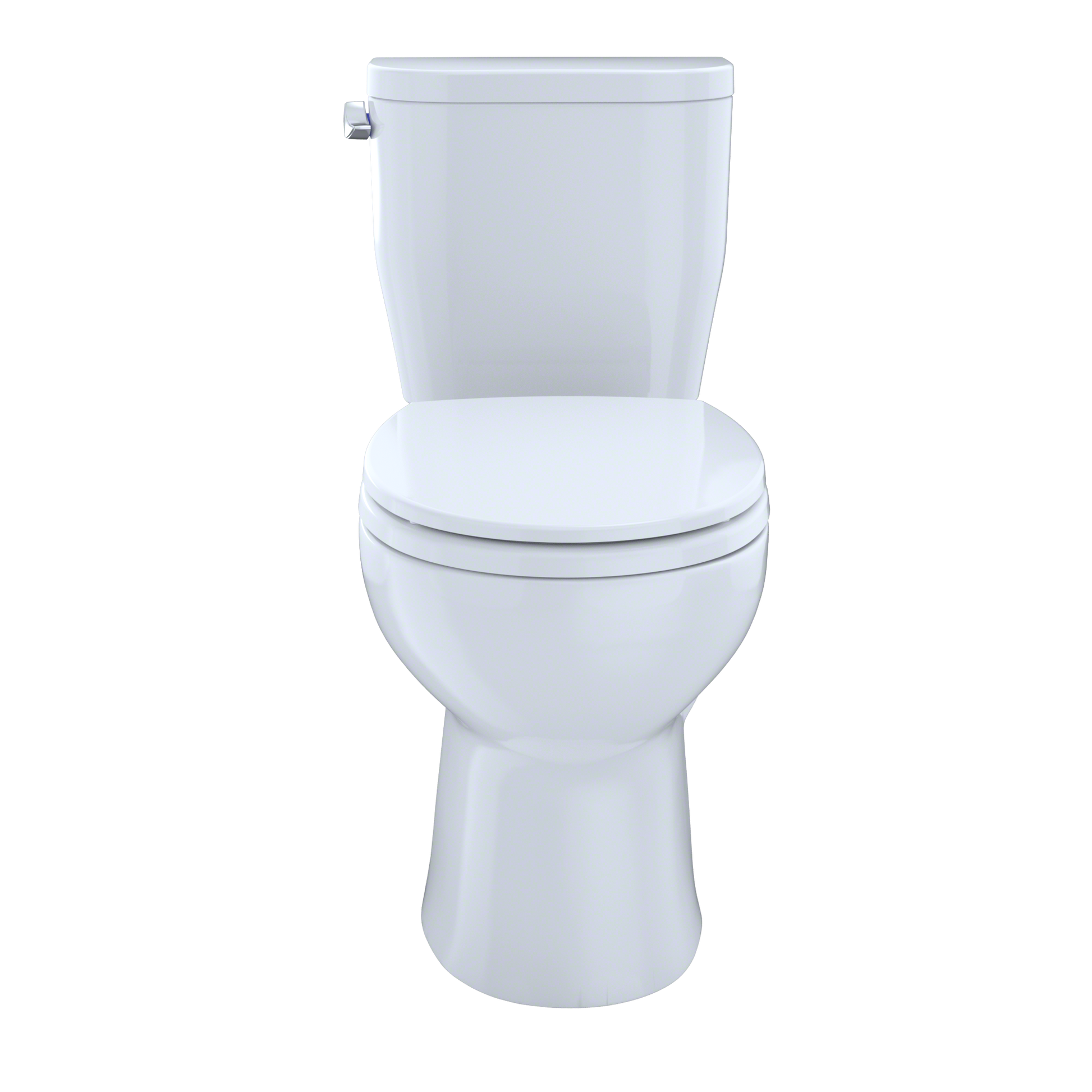 White two-piece round toilet with open seat and tank, side supply connection visible.