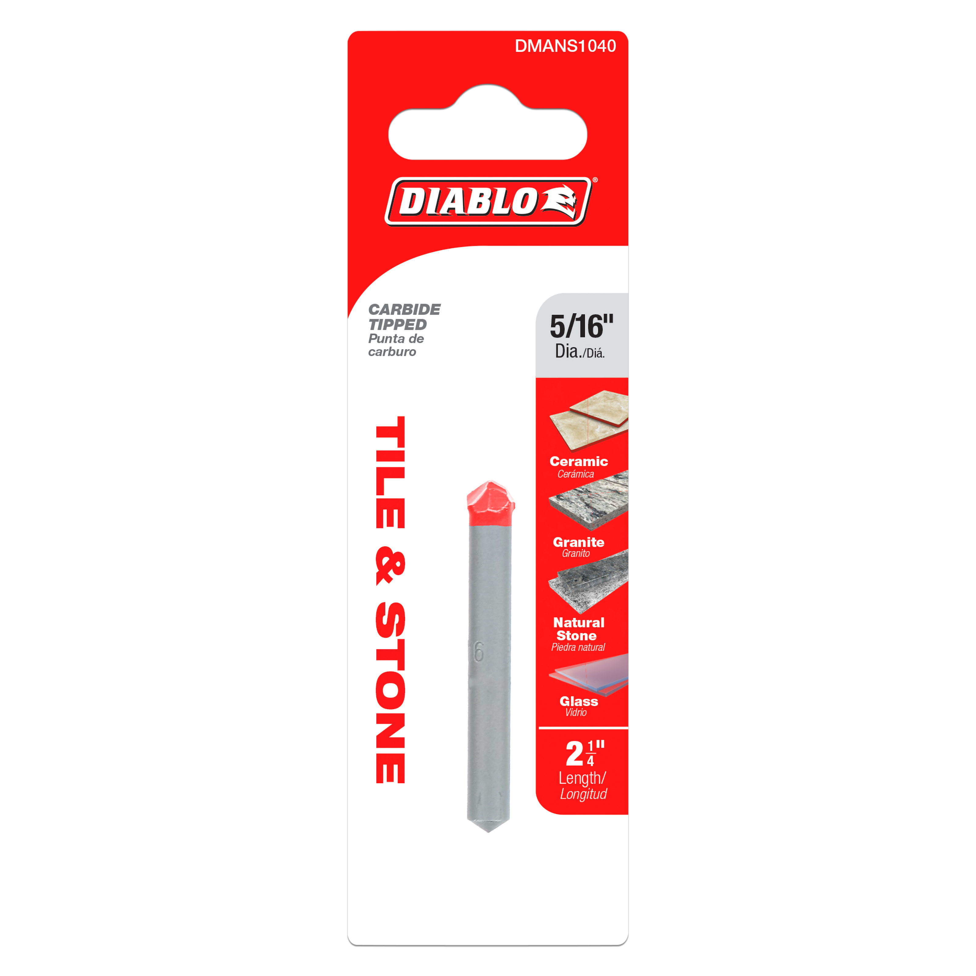 Diablo 5/16 inch carbide-tipped drill bit with red tip in retail packaging labeled for tile and stone applications.