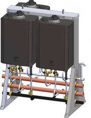 Three stacked black tankless water heater units mounted on silver frame with copper pipes and brass valves.