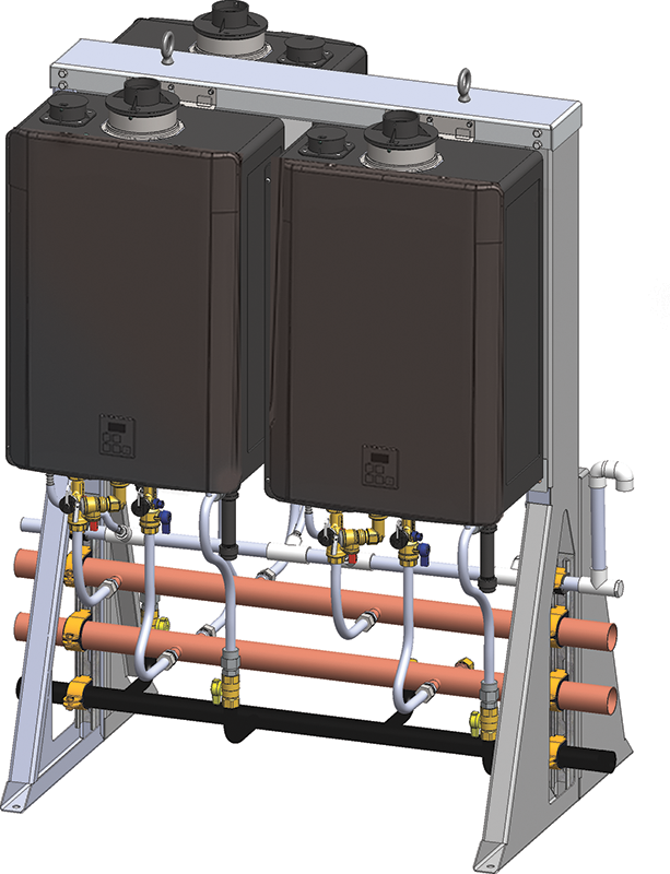 Three stacked black tankless water heater units mounted on silver frame with copper pipes and brass valves.