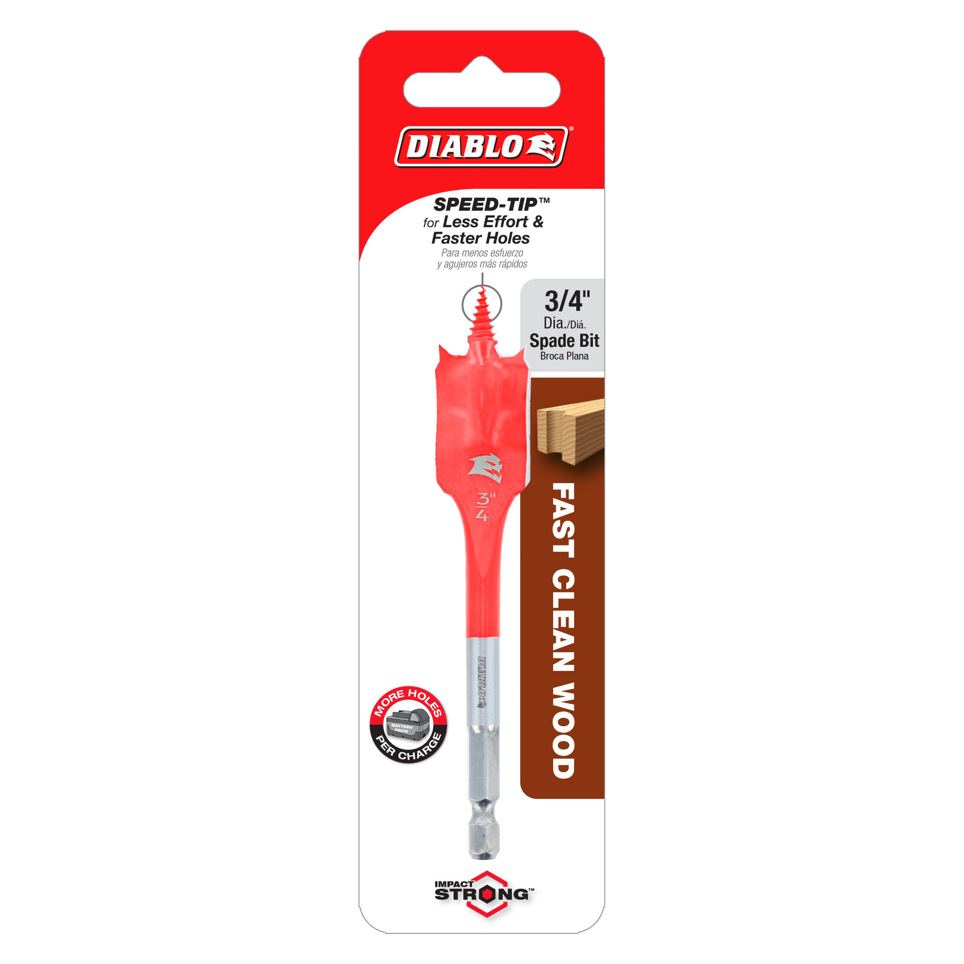 Red Diablo Speed-Tip spade bit with 3/4 inch diameter and gray metal shank on retail packaging.