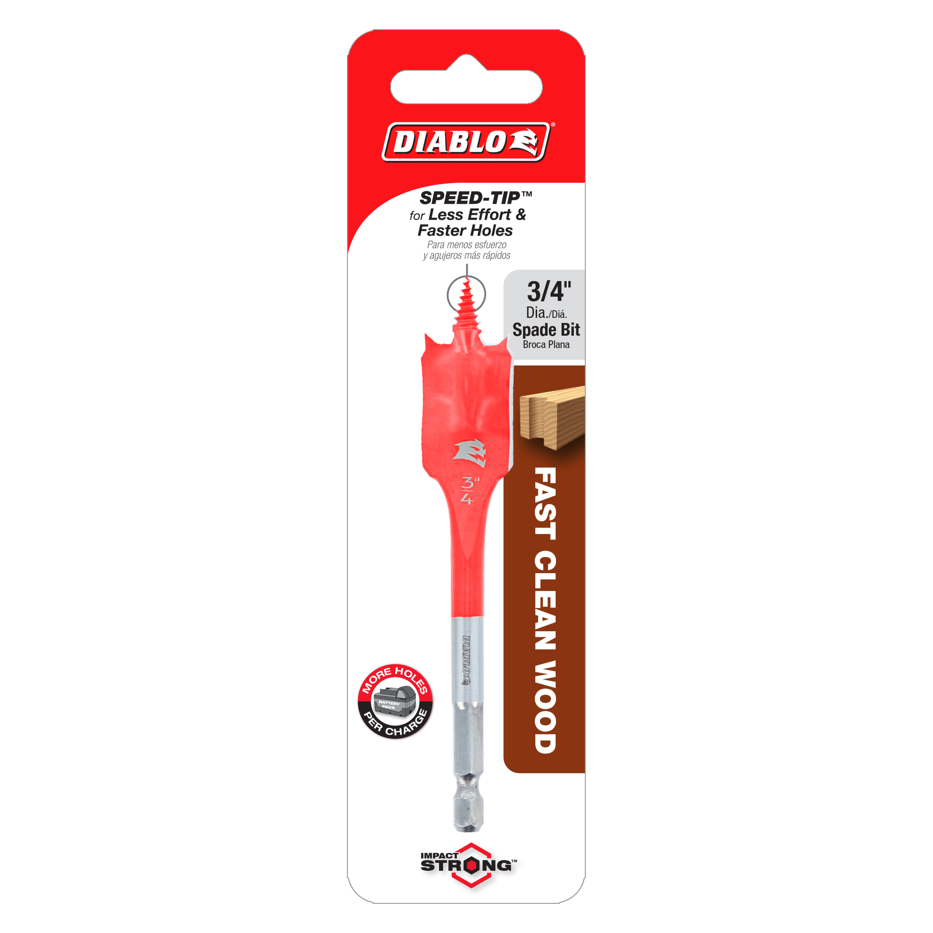 Red Diablo Speed-Tip spade bit with 3/4 inch diameter and gray metal shank on retail packaging.