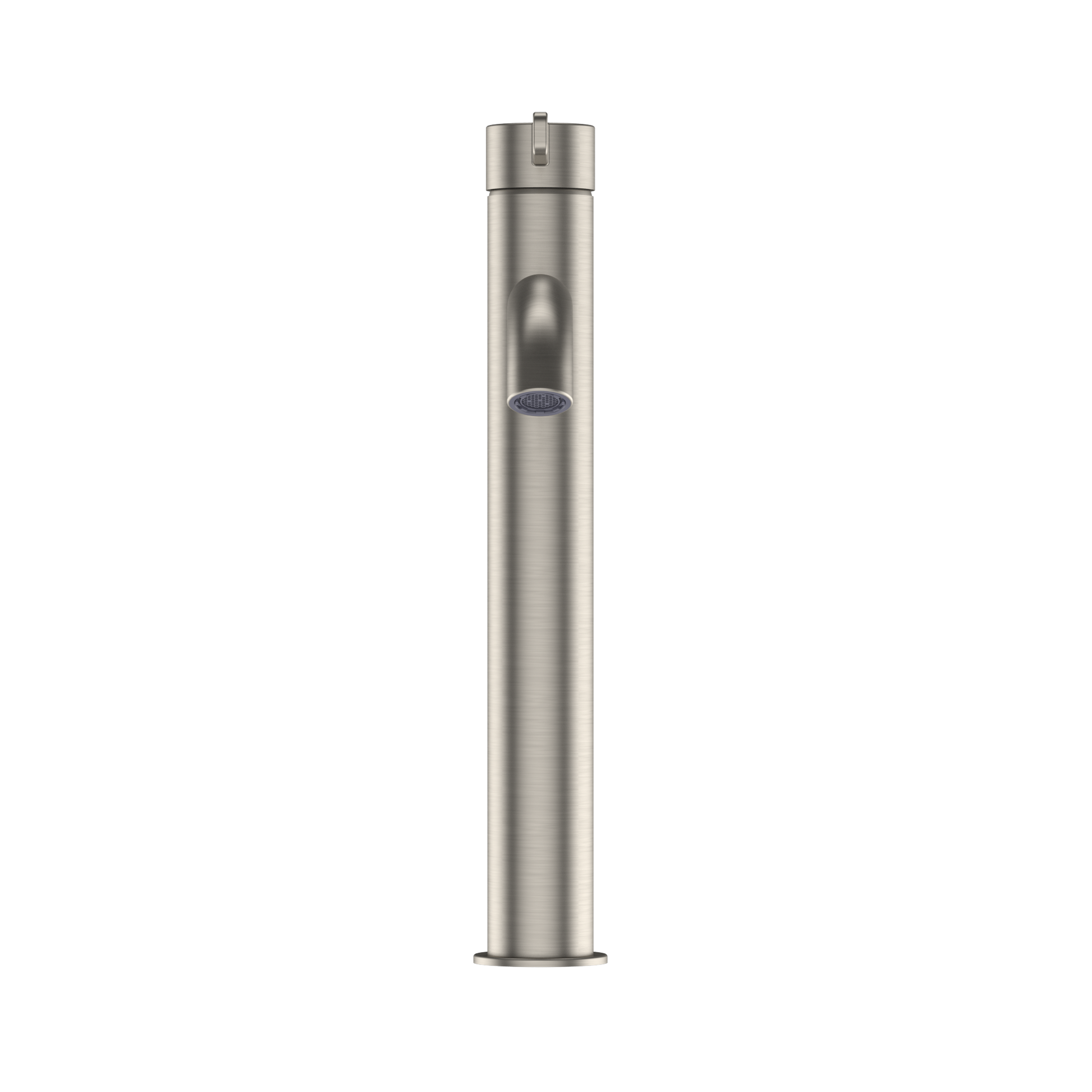 Tall brushed nickel single-handle vessel faucet with cylindrical spout and control lever.