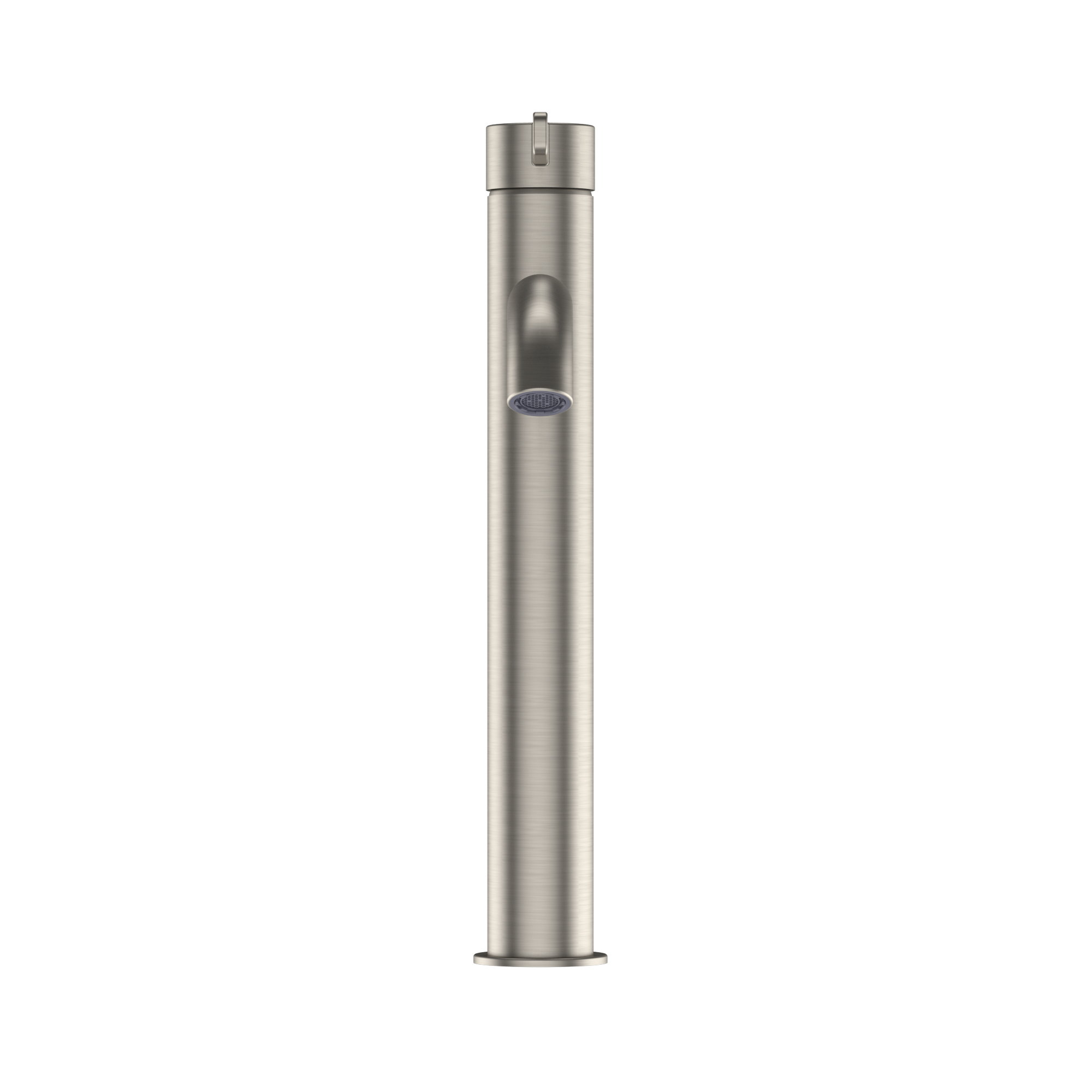 Tall brushed nickel single-handle vessel faucet with cylindrical spout and control lever.