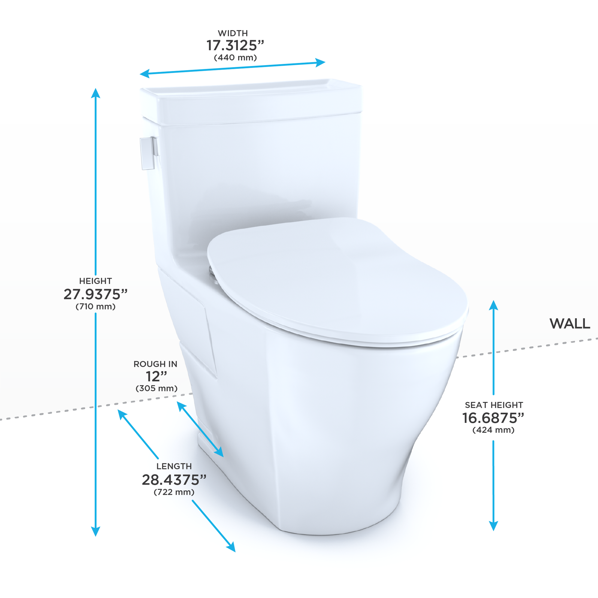 Cotton white one-piece elongated toilet with soft-close seat and integrated bidet features, shown with dimension measurements