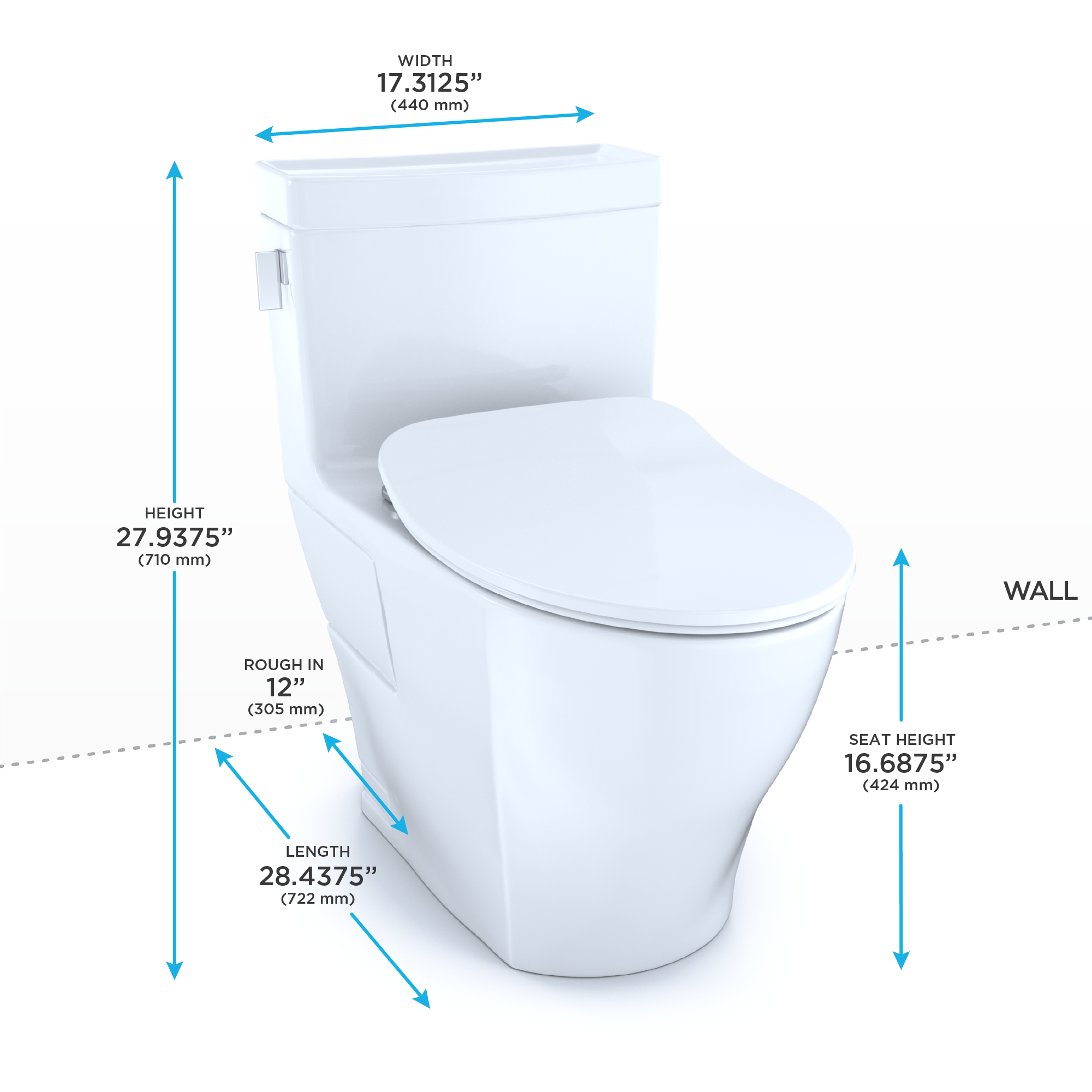 Cotton white one-piece elongated toilet with soft-close seat and integrated bidet features, shown with dimension measurements