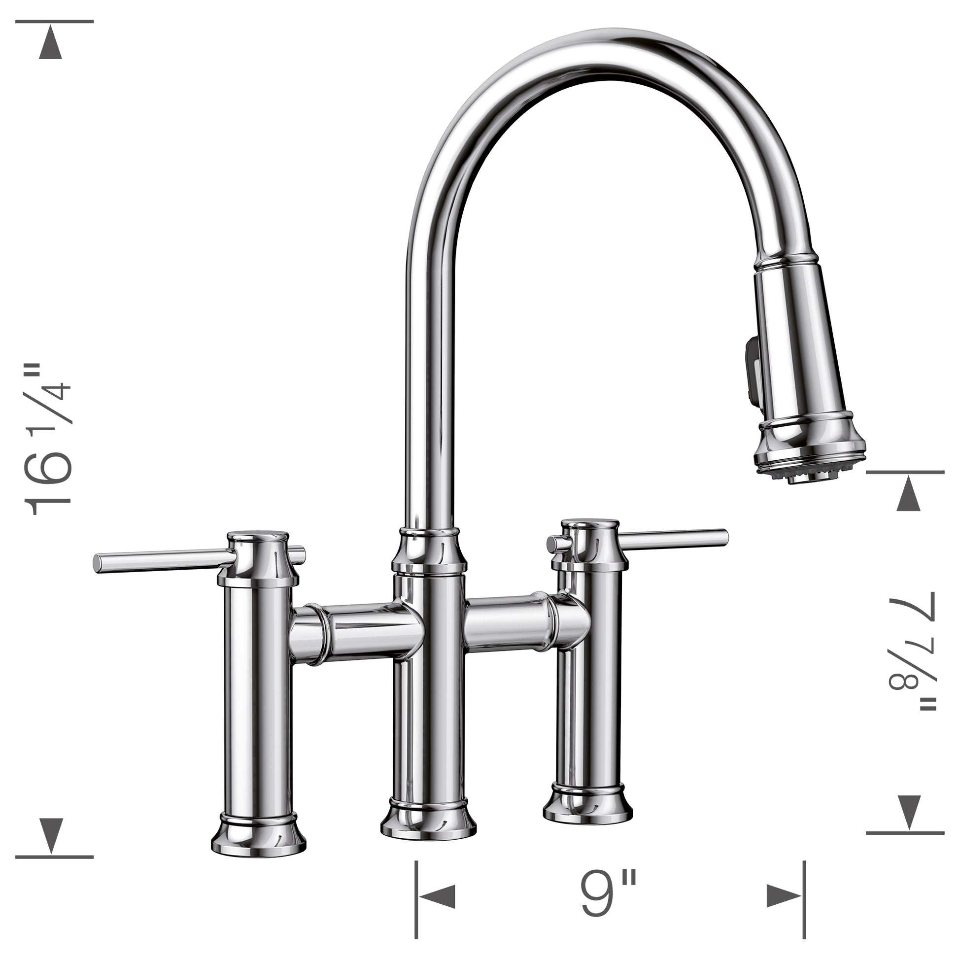 Chrome bridge kitchen faucet with arched pull-down spout and dual lever handles.