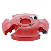 Red router cutter head with dual blade design, central arbor hole, and adjustment screws on sides.