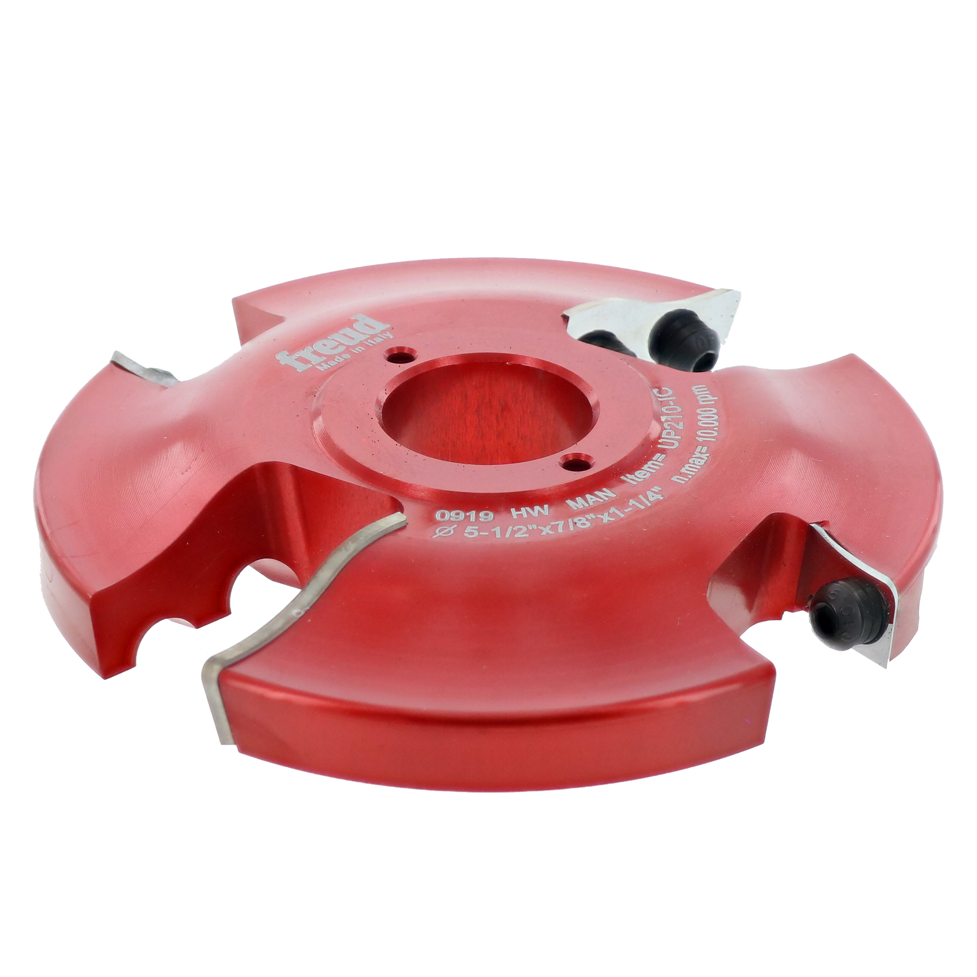 Red router cutter head with dual blade design, central arbor hole, and adjustment screws on sides.