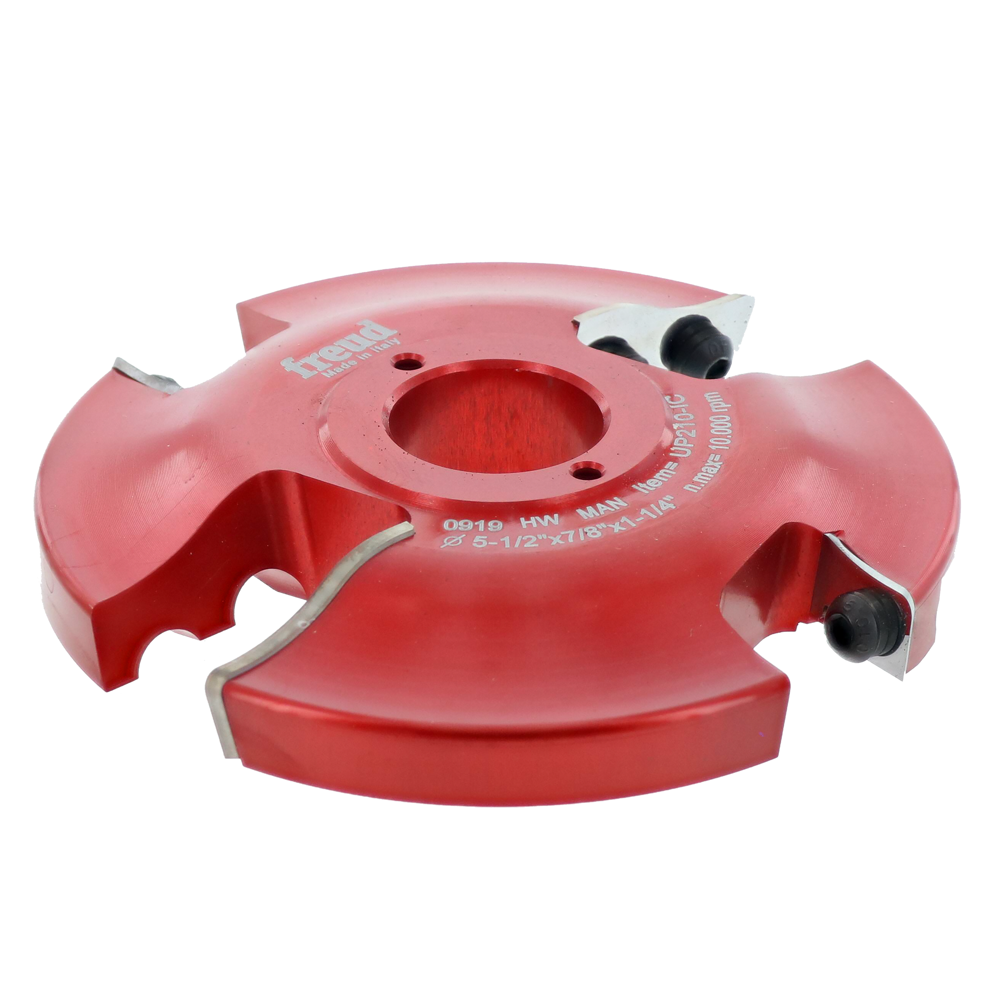 Red router cutter head with dual blade design, central arbor hole, and adjustment screws on sides.