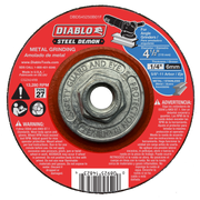 Red and brown metal grinding disc with central arbor hole, labeled Diablo Steel Demon, 4-1/2 inch diameter.