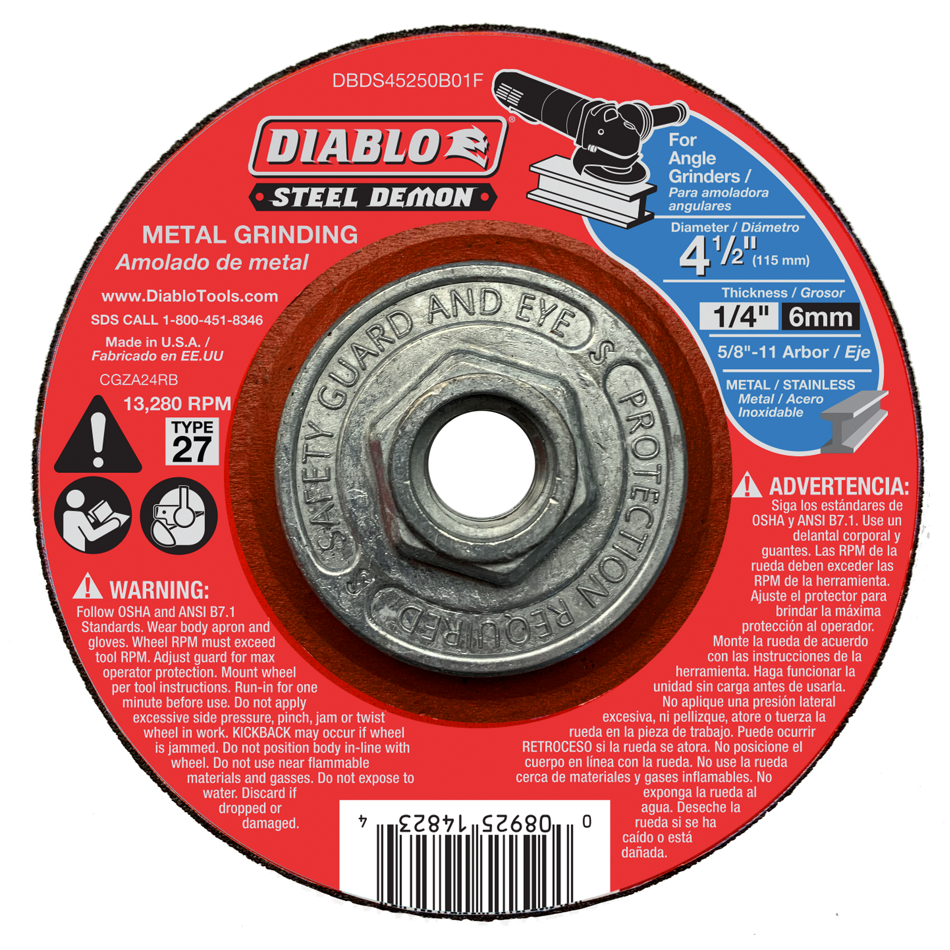 Red and brown metal grinding disc with central arbor hole, labeled Diablo Steel Demon, 4-1/2 inch diameter.
