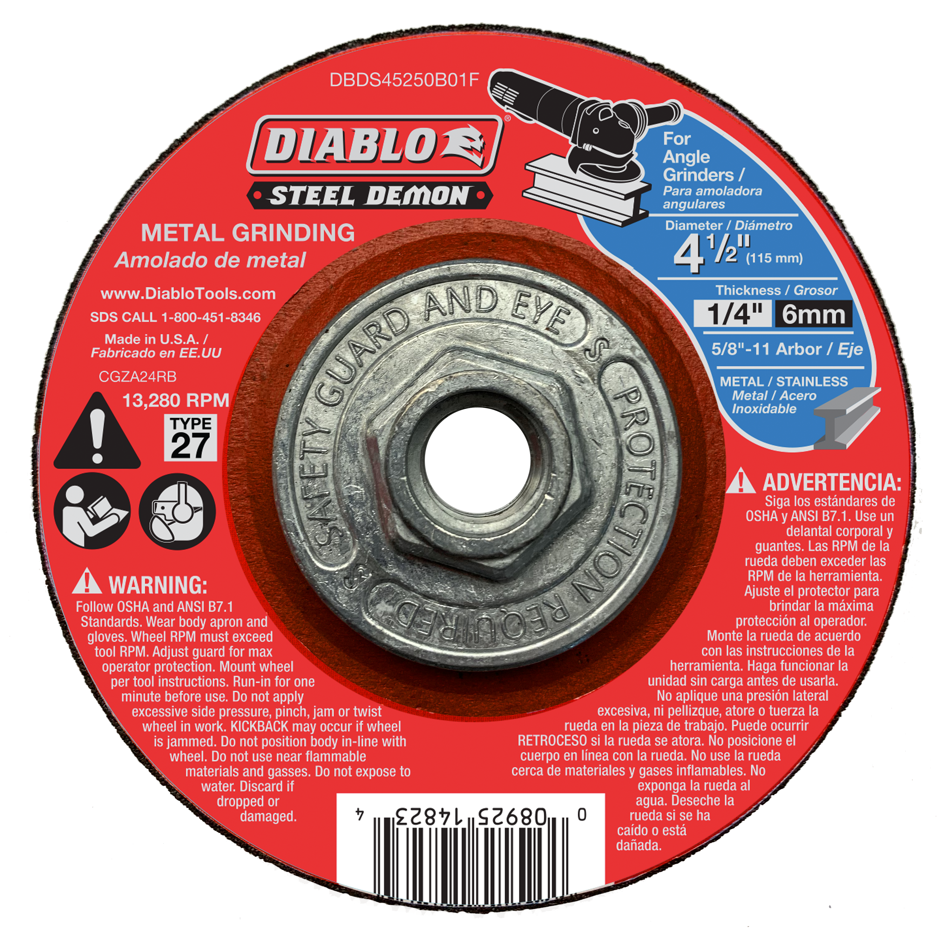 Red and brown metal grinding disc with central arbor hole, labeled Diablo Steel Demon, 4-1/2 inch diameter.
