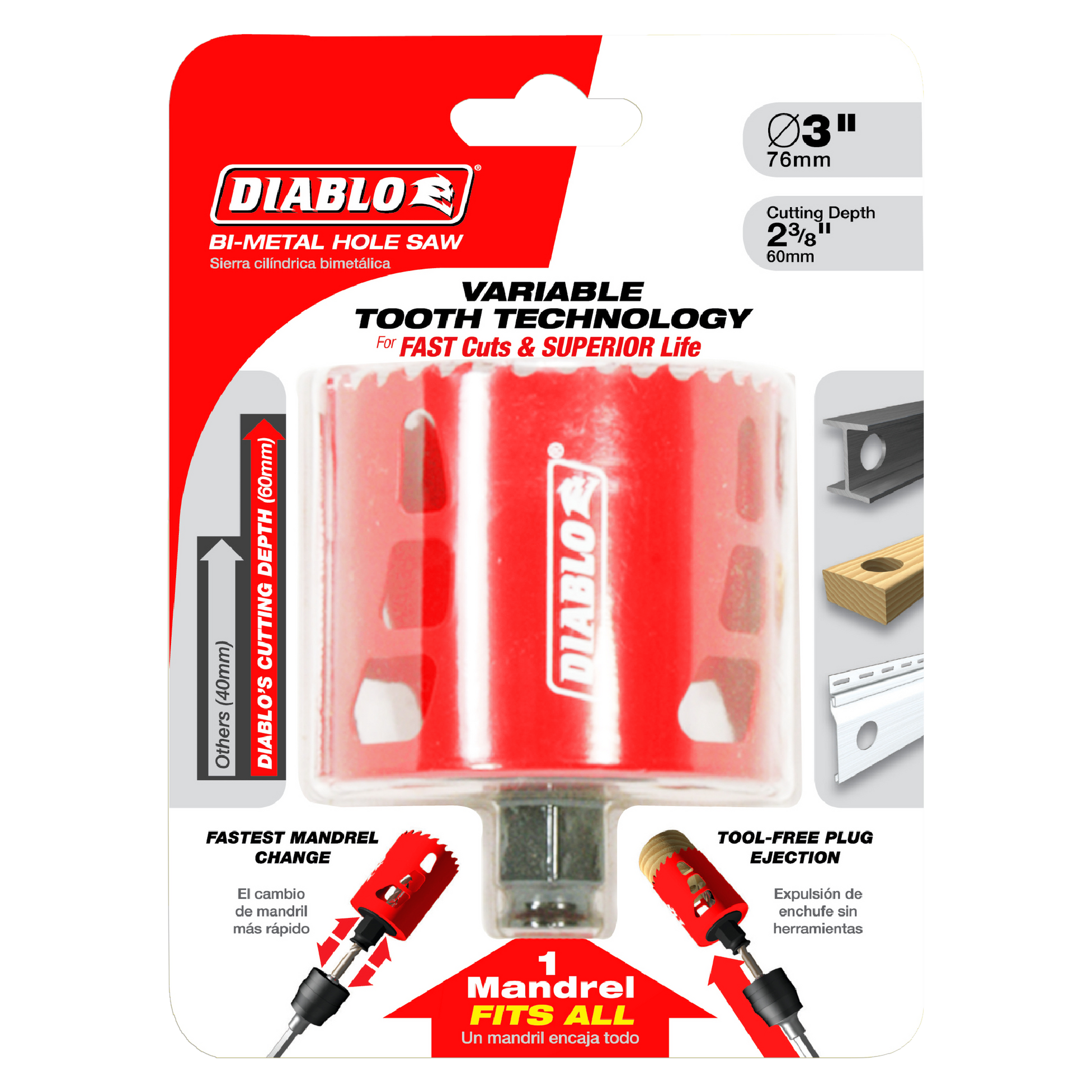 Red Diablo bi-metal hole saw with 3-inch diameter and 2-3/8-inch cutting depth on retail packaging.