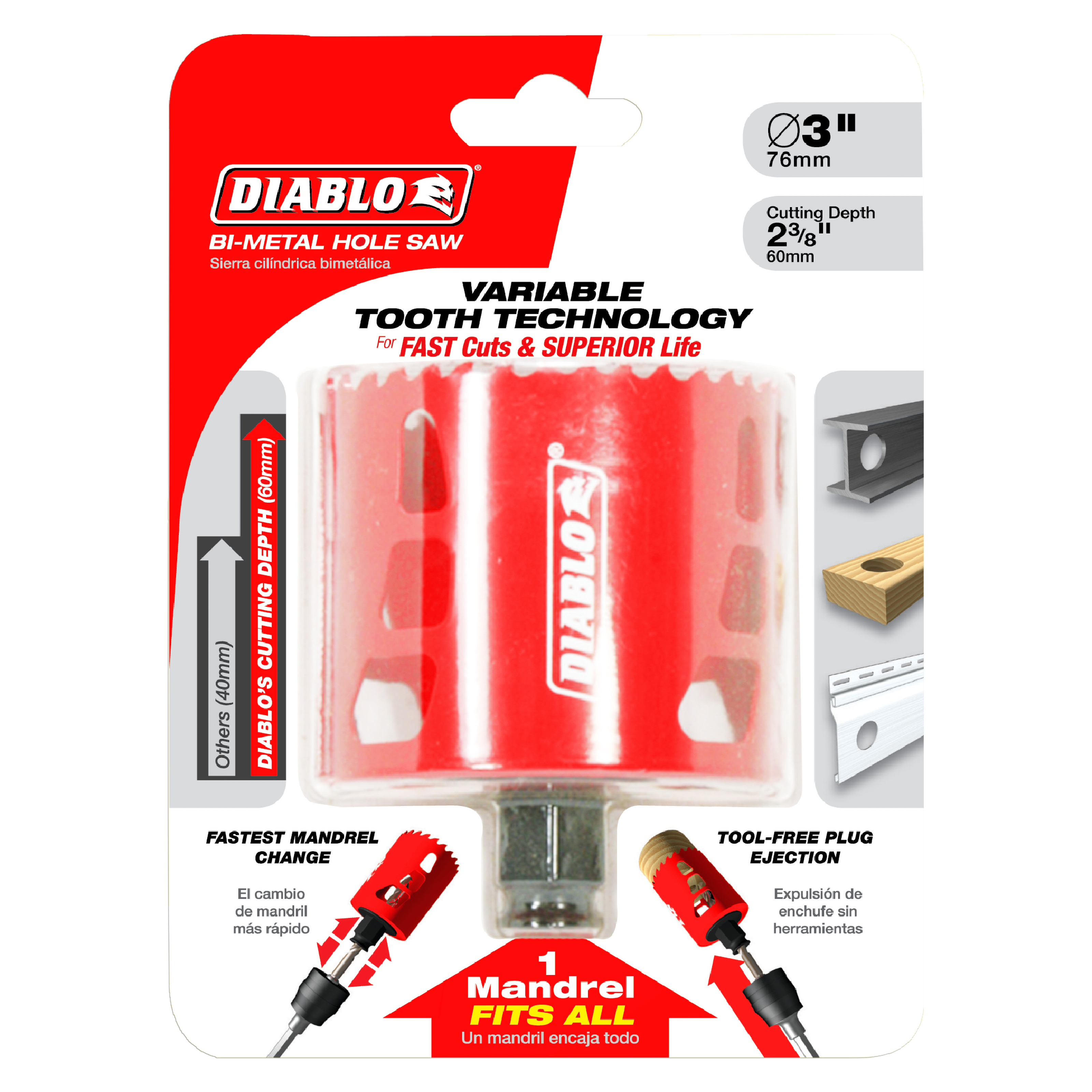 Red Diablo bi-metal hole saw with 3-inch diameter and 2-3/8-inch cutting depth on retail packaging.