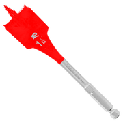 Red spade bit with flat, wide head and gray metal shaft with hex shank end.