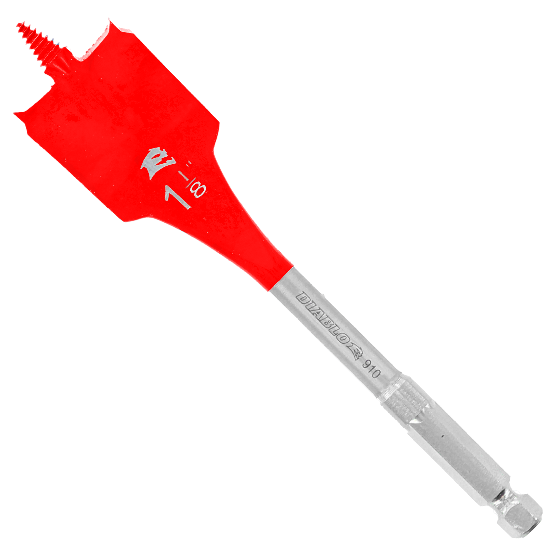 Red spade bit with flat, wide head and gray metal shaft with hex shank end.