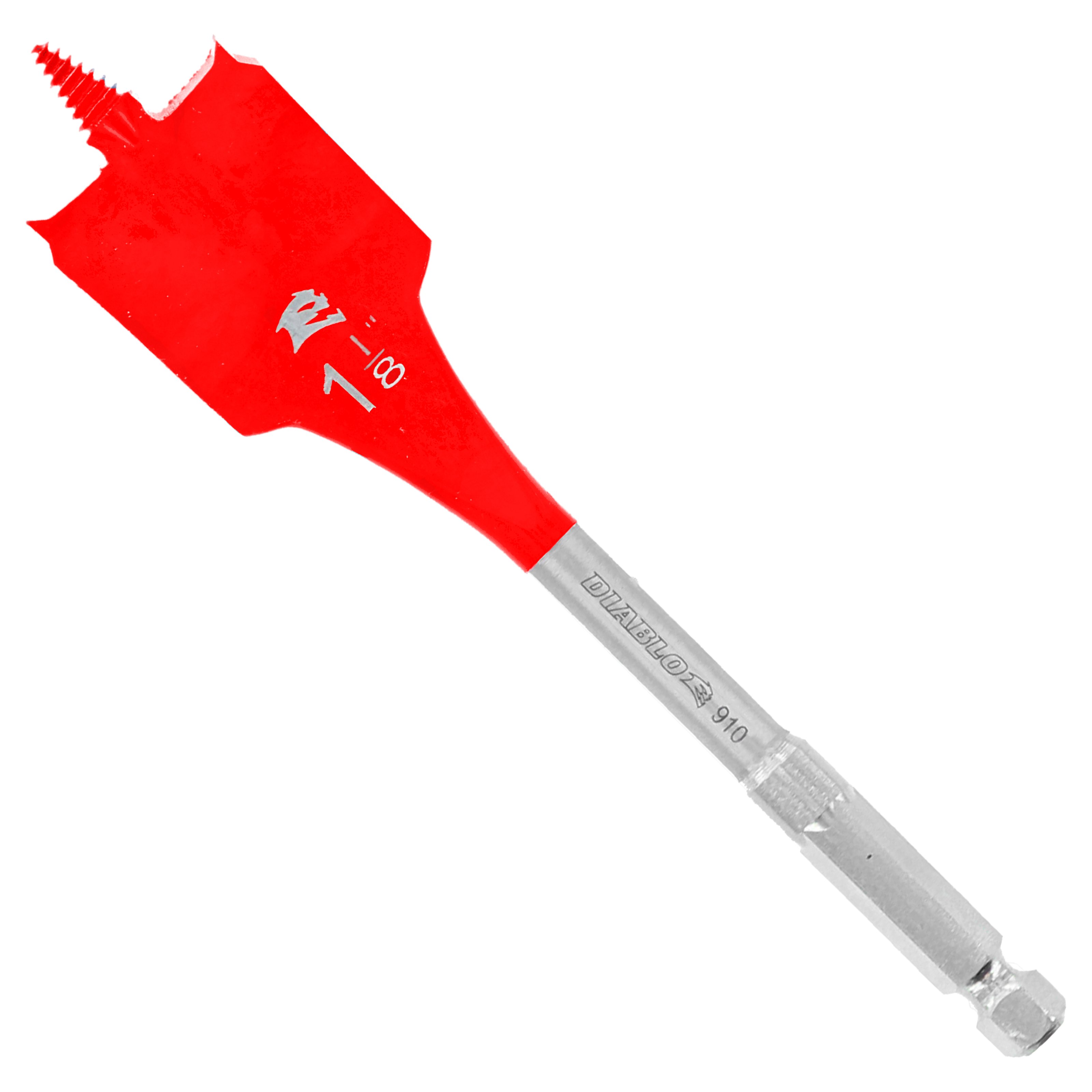 Red spade bit with flat, wide head and gray metal shaft with hex shank end.