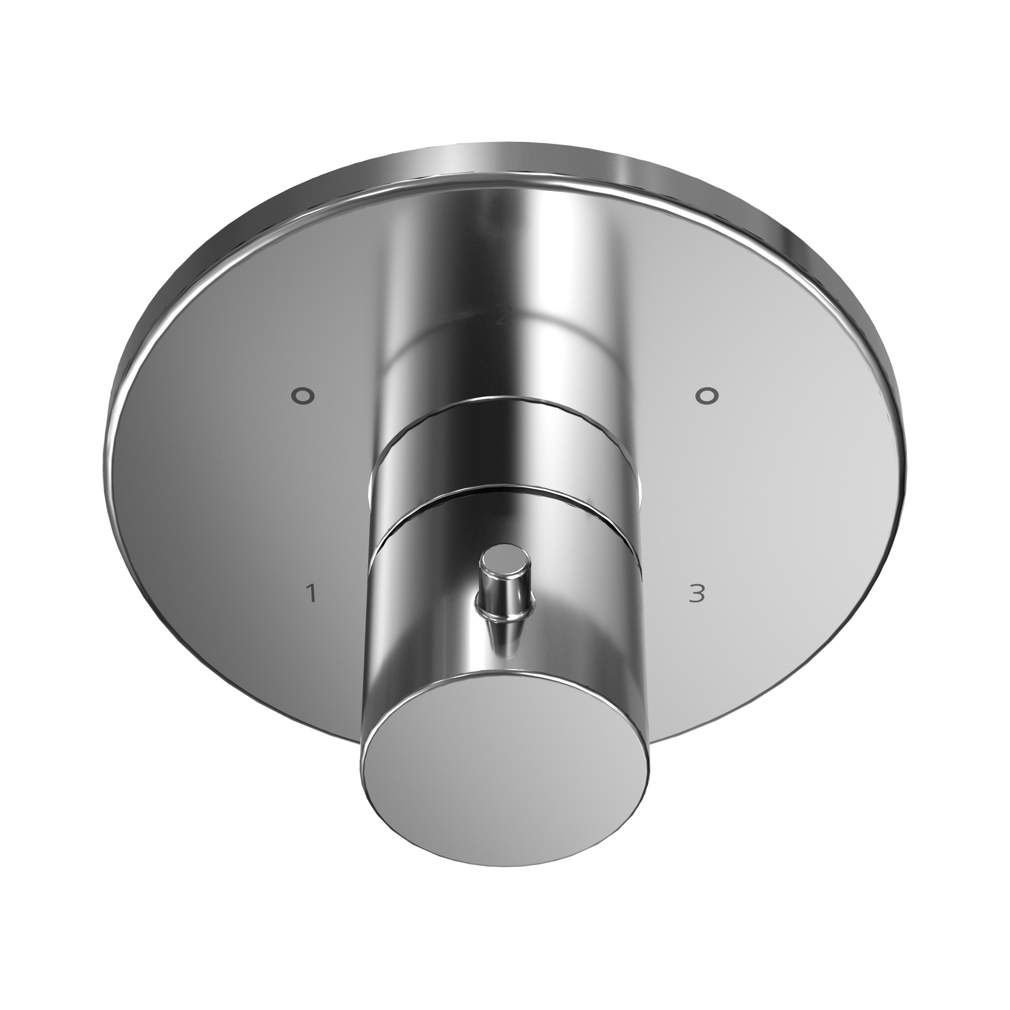 Polished chrome round diverter trim with cylindrical body, numbered positions 1 and 3, and central lever control.