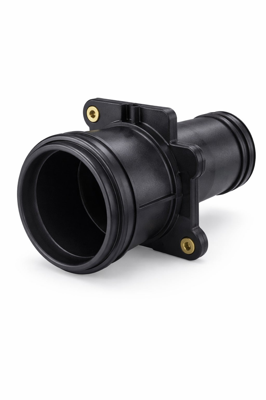 Black plastic rough-in unit assembly with brass mounting holes and cylindrical inlet port.