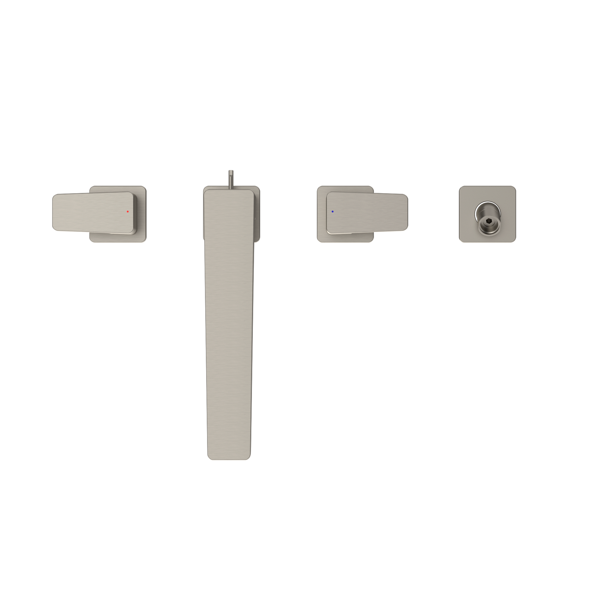 Brushed nickel two-handle deck-mount roman tub filler trim with central spout and separate handshower component.