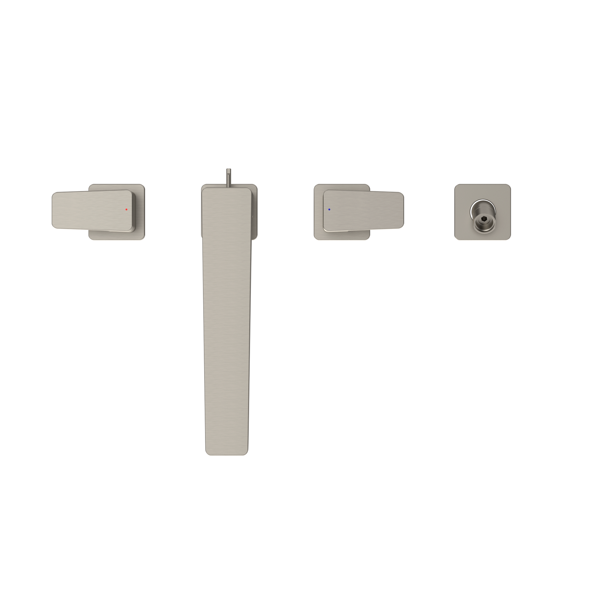 Brushed nickel two-handle deck-mount roman tub filler trim with central spout and separate handshower component.