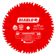 Red circular saw blade with 50 white teeth around the edge and Diablo branding in center.