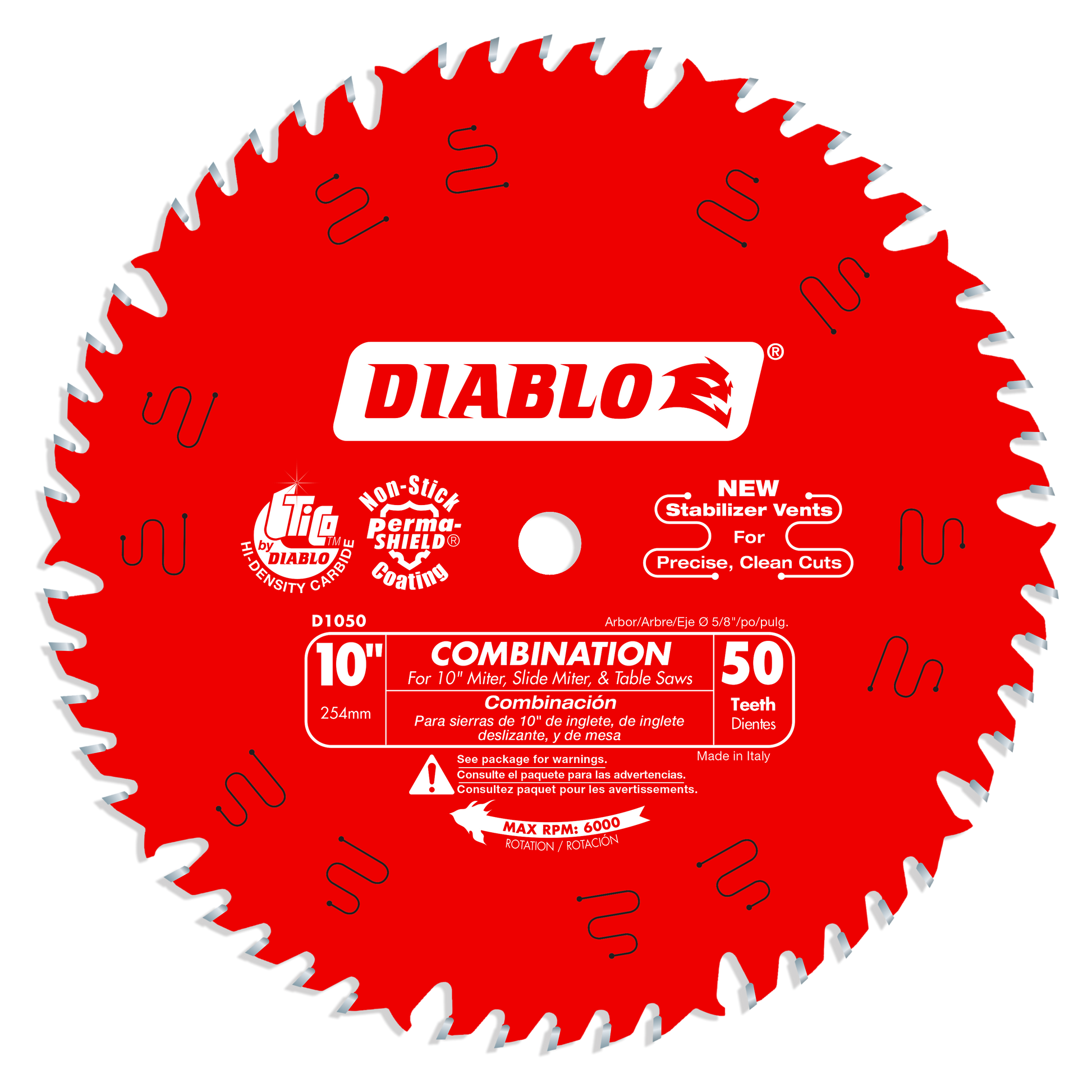 Red circular saw blade with 50 white teeth around the edge and Diablo branding in center.