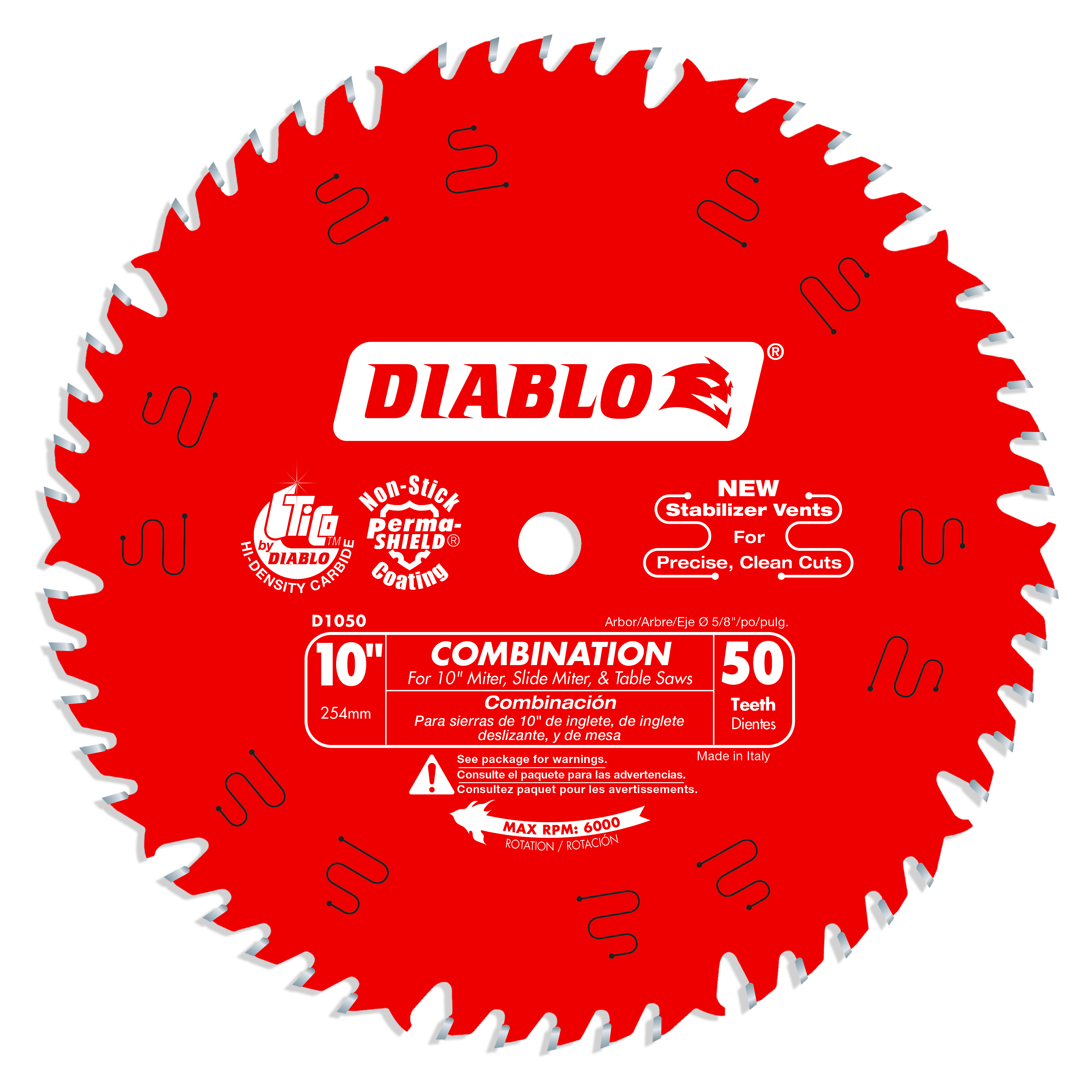 Red circular saw blade with 50 white teeth around the edge and Diablo branding in center.