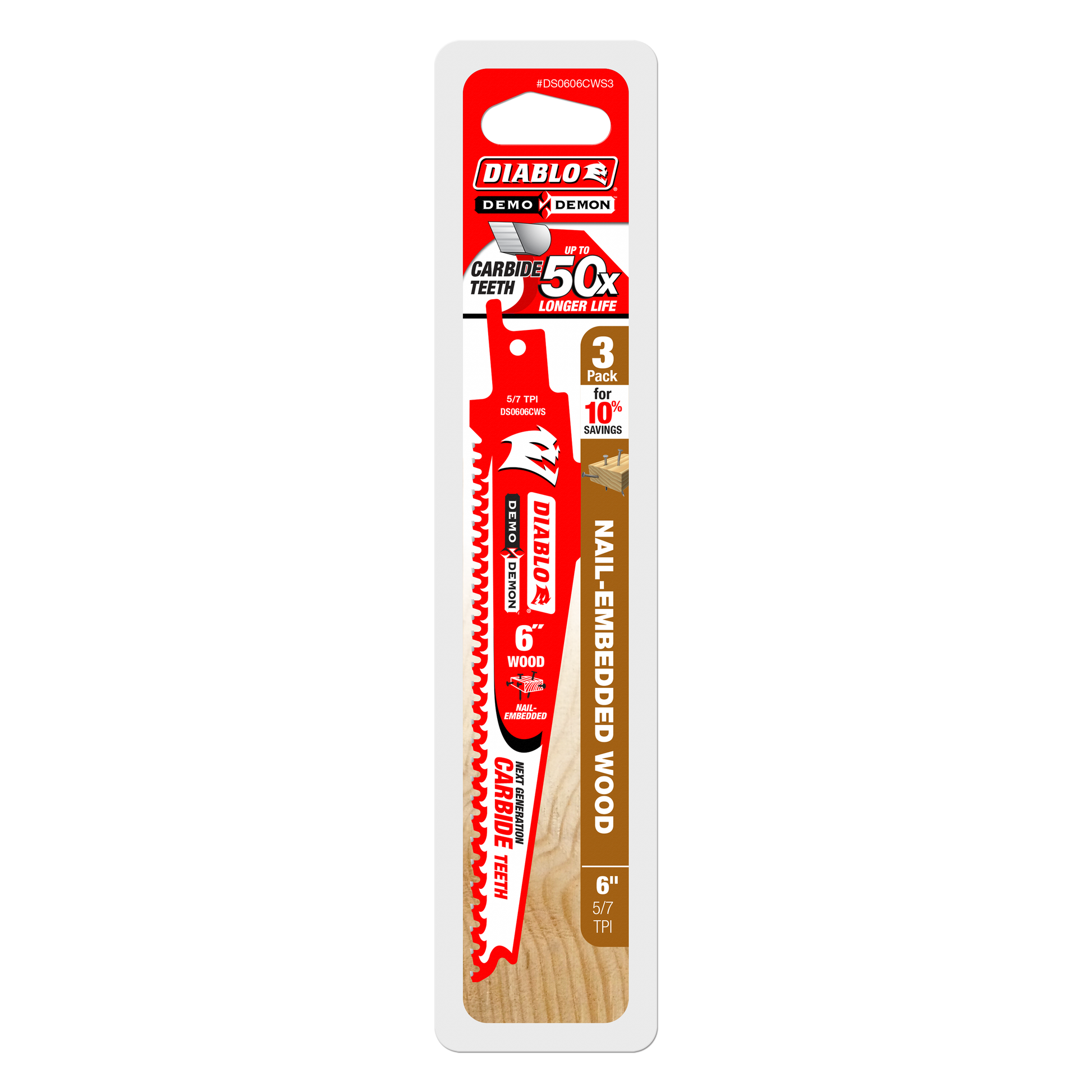 Three Diablo Demo Demon 6-inch reciprocating saw blades with carbide teeth and serrated edges on red and white packaging.
