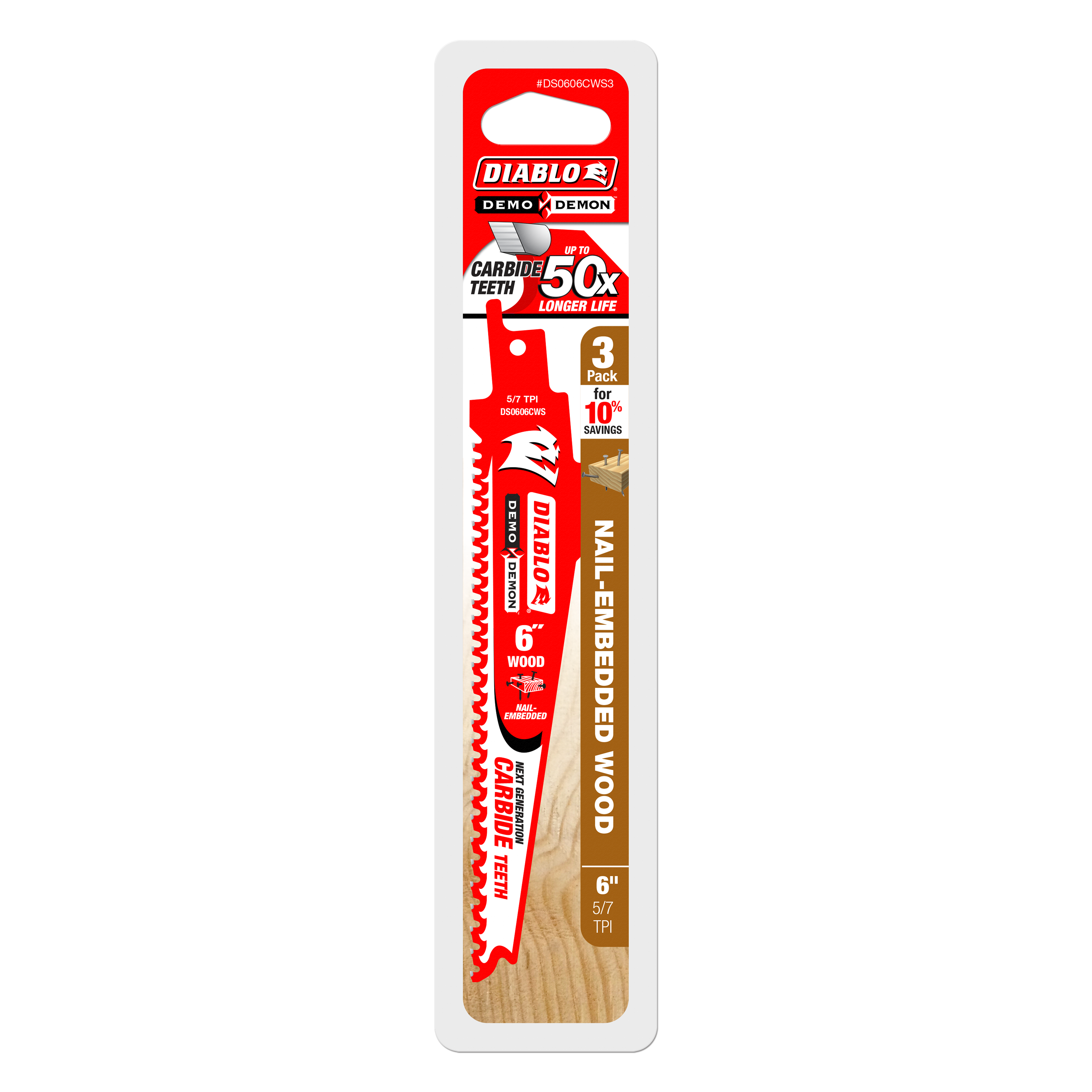 Three Diablo Demo Demon 6-inch reciprocating saw blades with carbide teeth and serrated edges on red and white packaging.