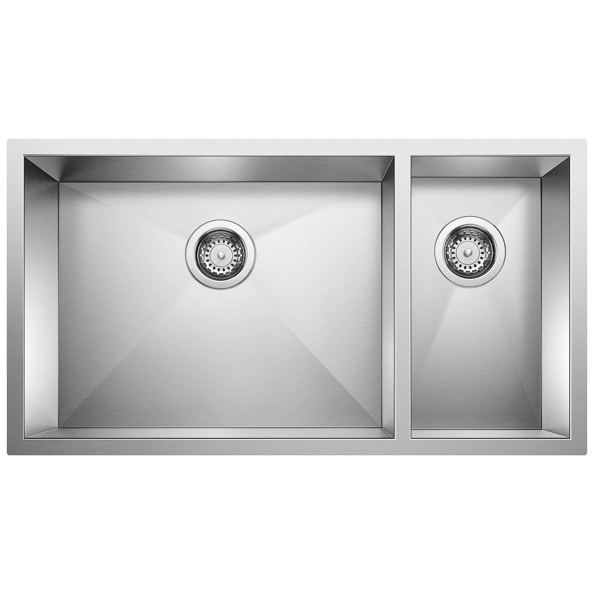 Stainless steel undermount sink with one large bowl and one small bowl, each with a drain basket strainer.
