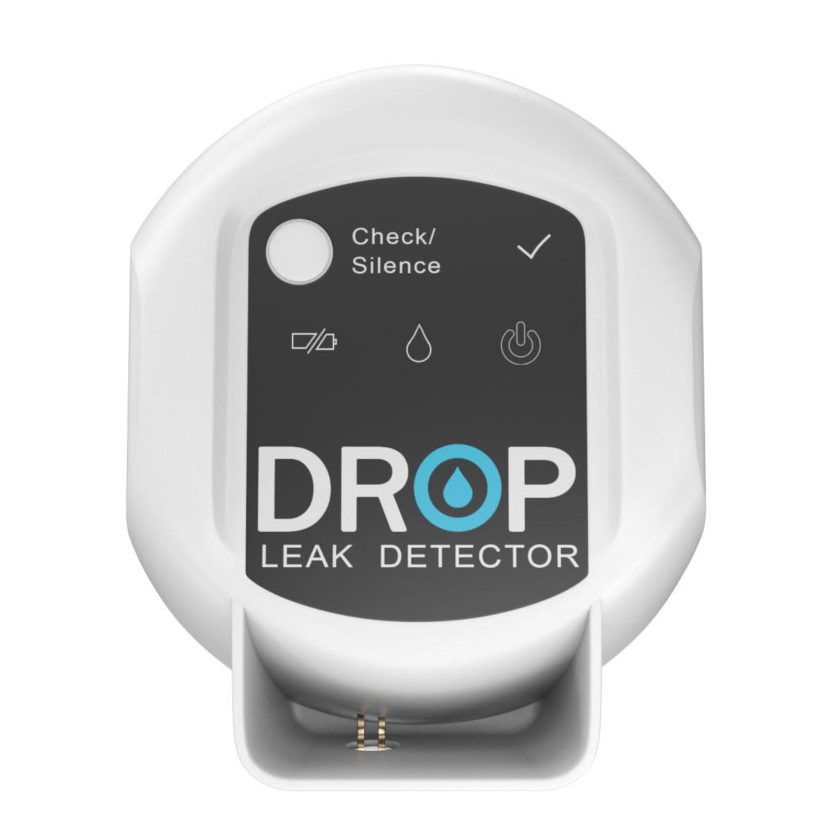 White DROP leak detector device with black display panel showing battery, water drop, and power icons with Check/Silence butt